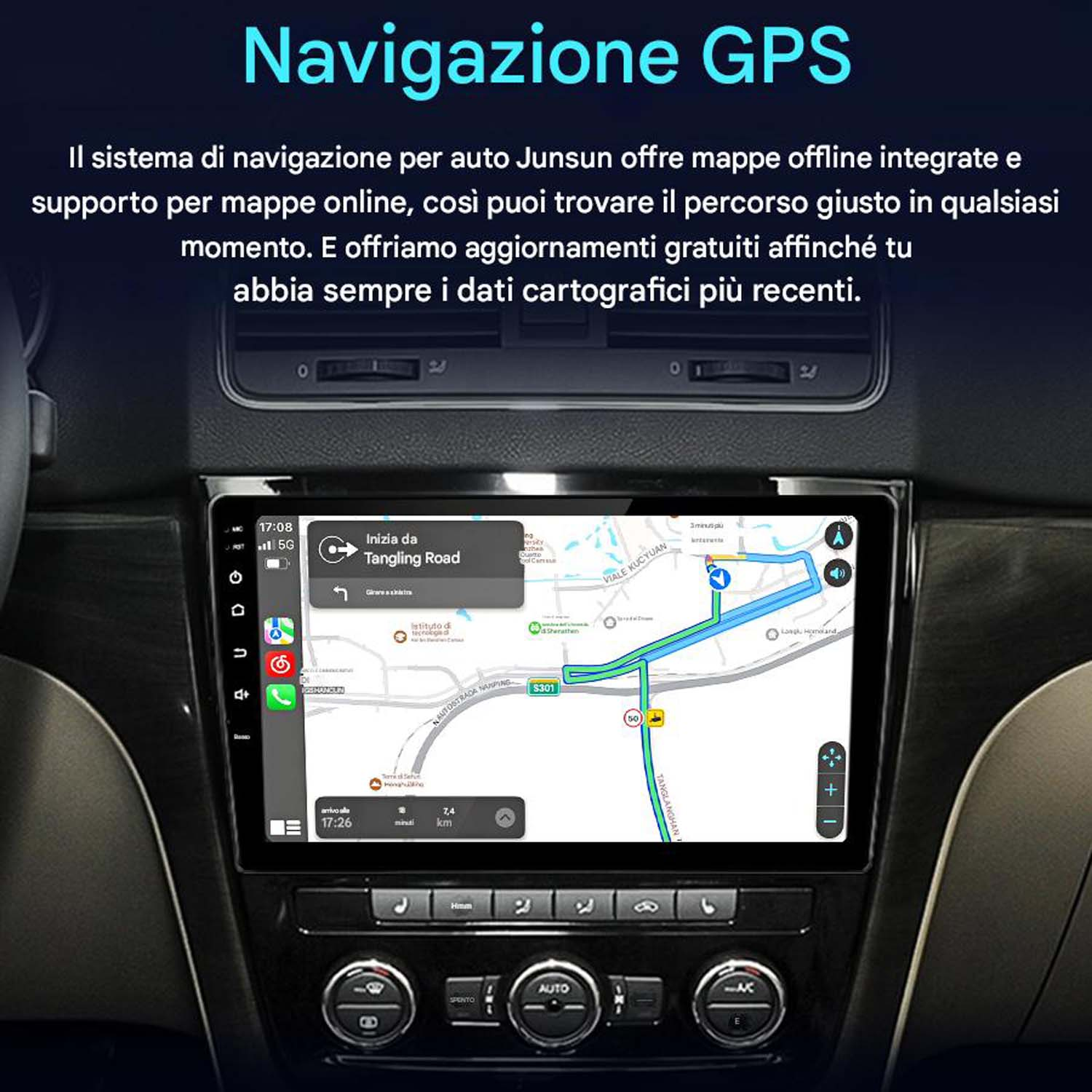 Lo schermo di navigazione GPS dell'auto mostra una mappa, che mostra un percorso con dettagli di tempo e distanza.