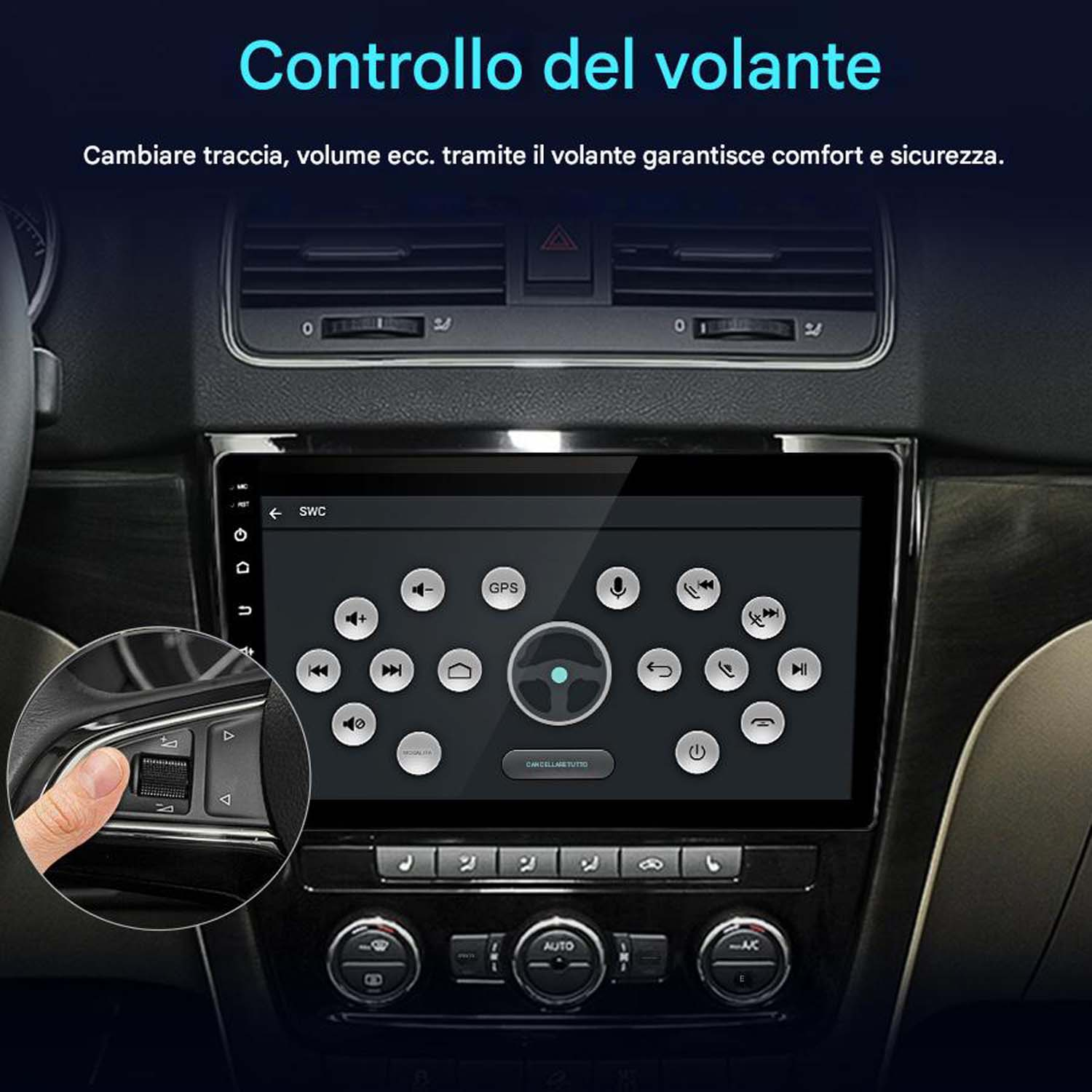 Il display dell'auto mostra un'icona del volante. Una mano preme un pulsante a sinistra. Interni auto neri.