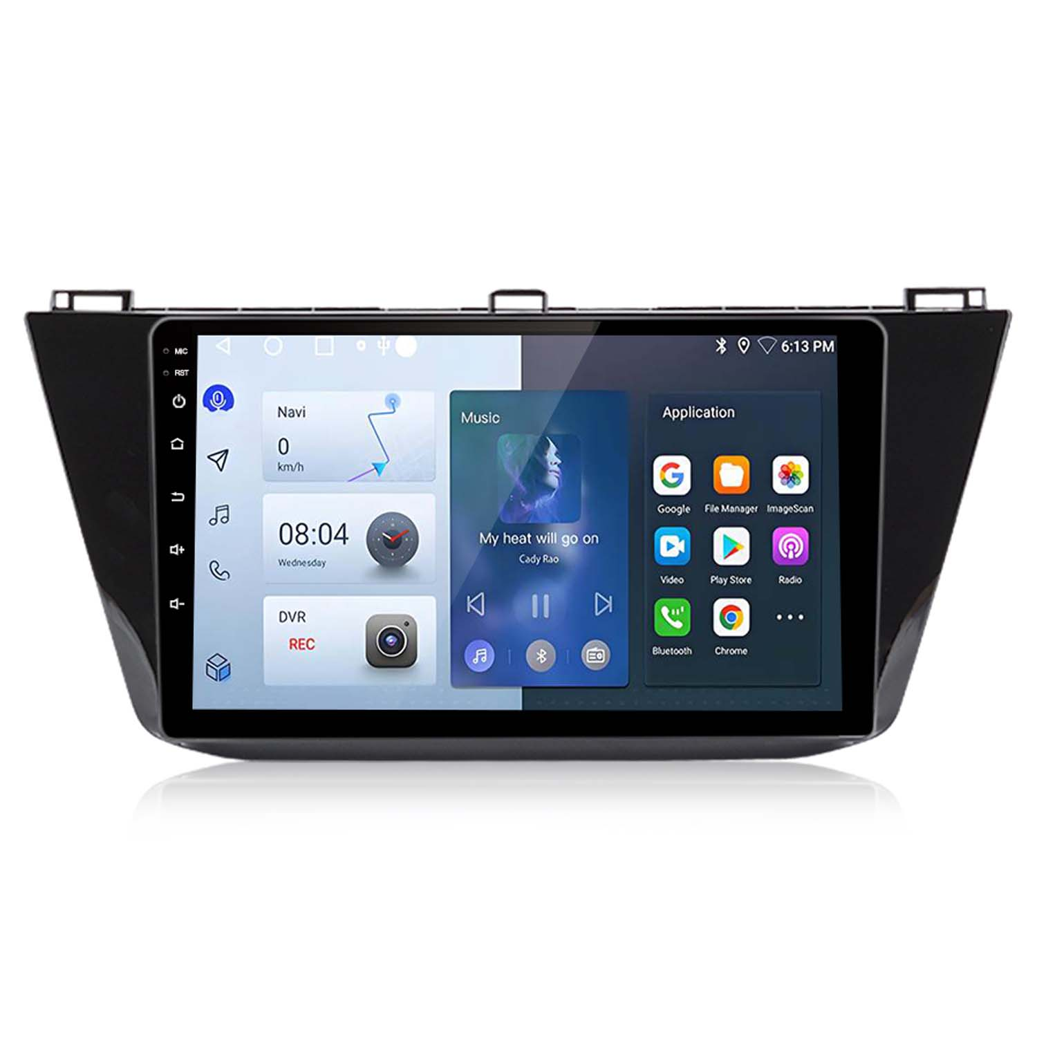 Cruscotto auto con display touchscreen che mostra varie icone di applicazioni, tra cui navigazione e musica.