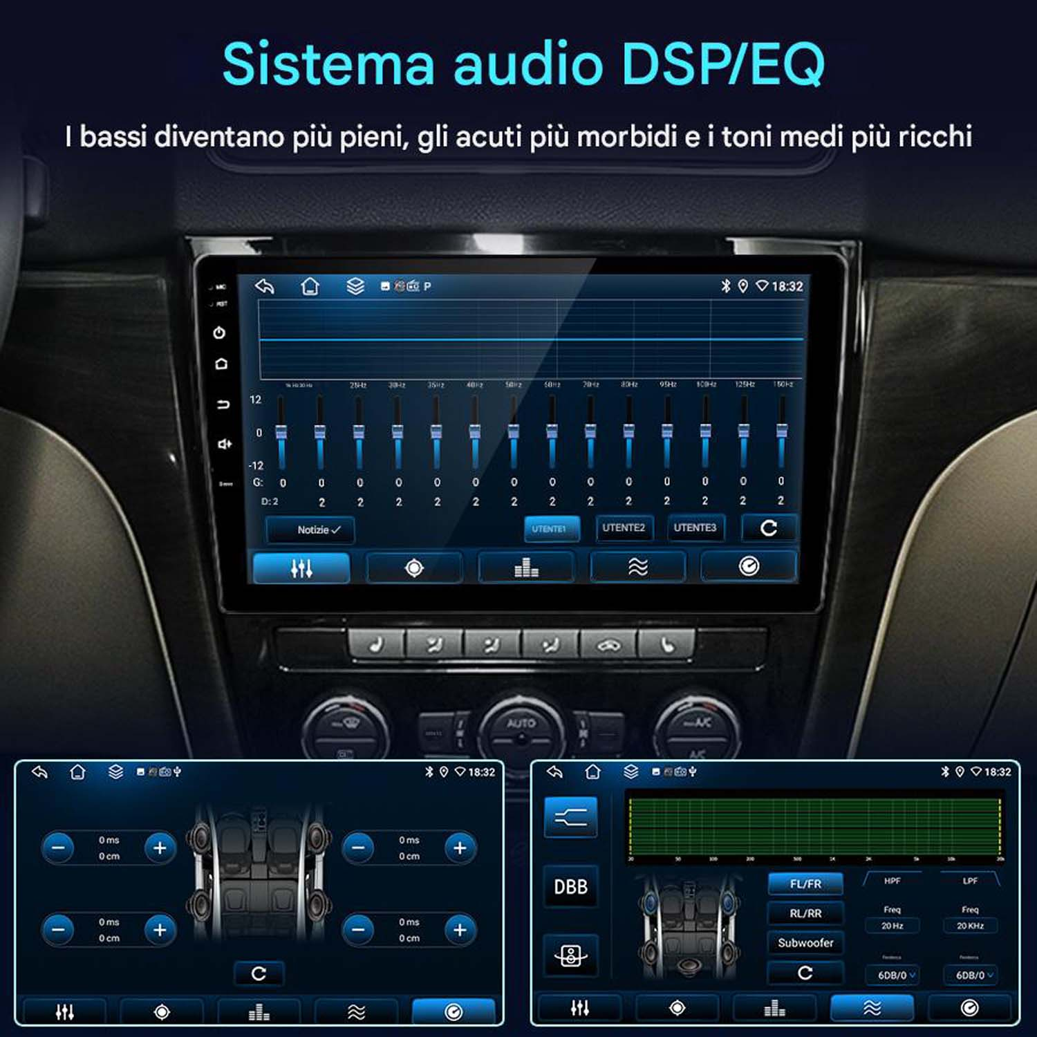 Schermo stereo auto che mostra i controlli audio, comprese le impostazioni dell'equalizzatore.