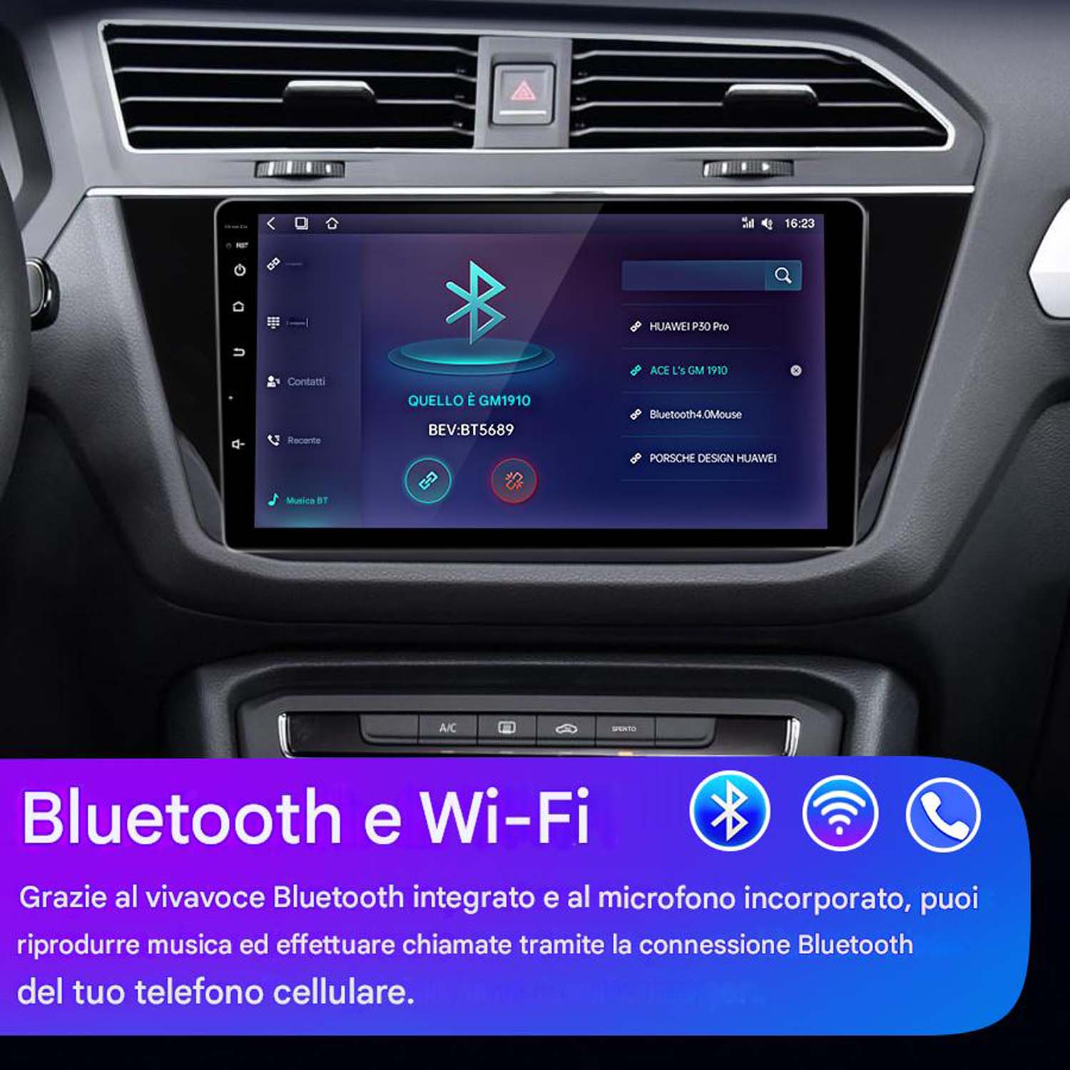 Schermo multimediale per auto con opzioni Bluetooth e Wi-Fi. Accoppiamento Bluetooth e chiamate telefoniche mostrate.