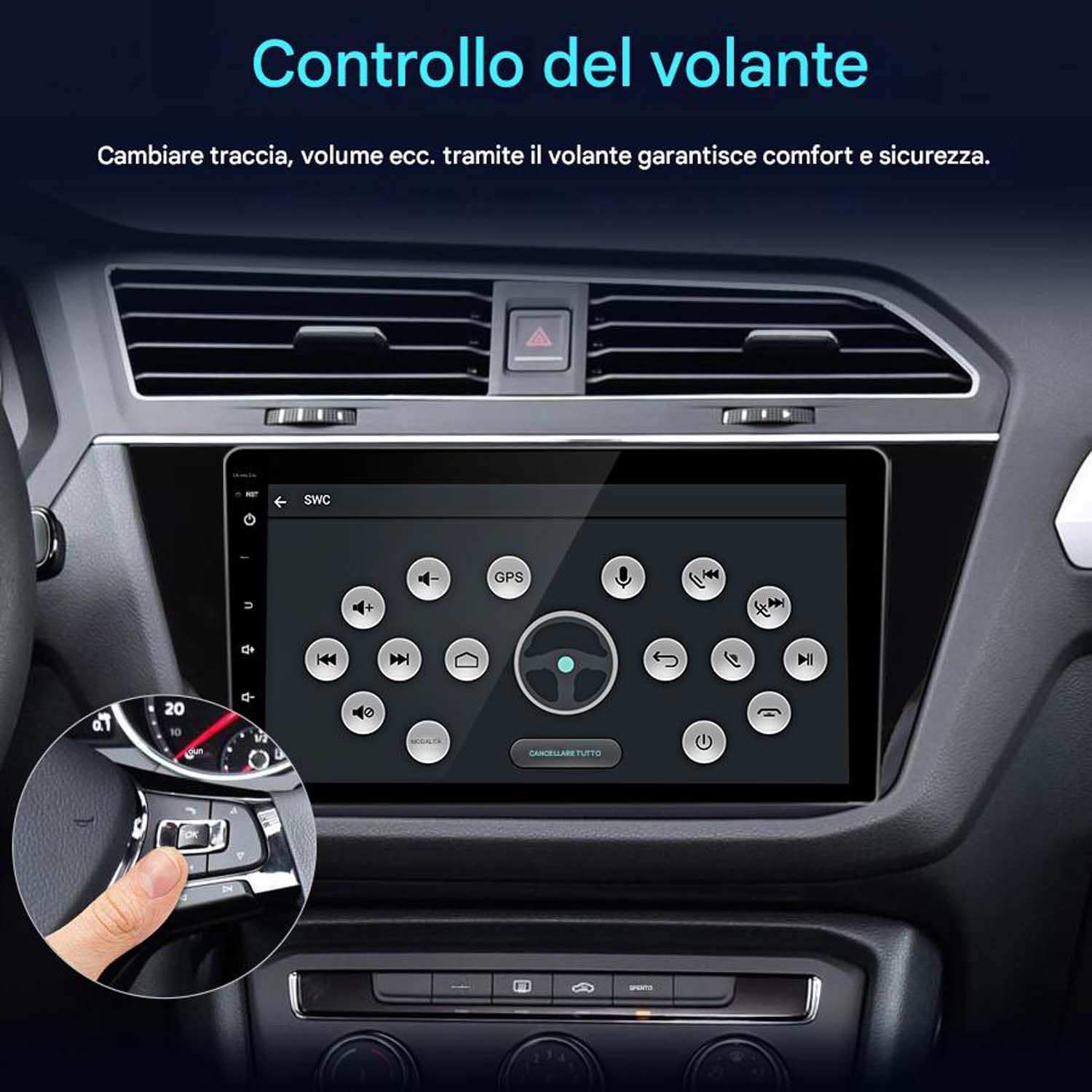 Autoradio con pulsanti e schermo, mostra le informazioni dell'auto. Una mano usa un pulsante sul volante.