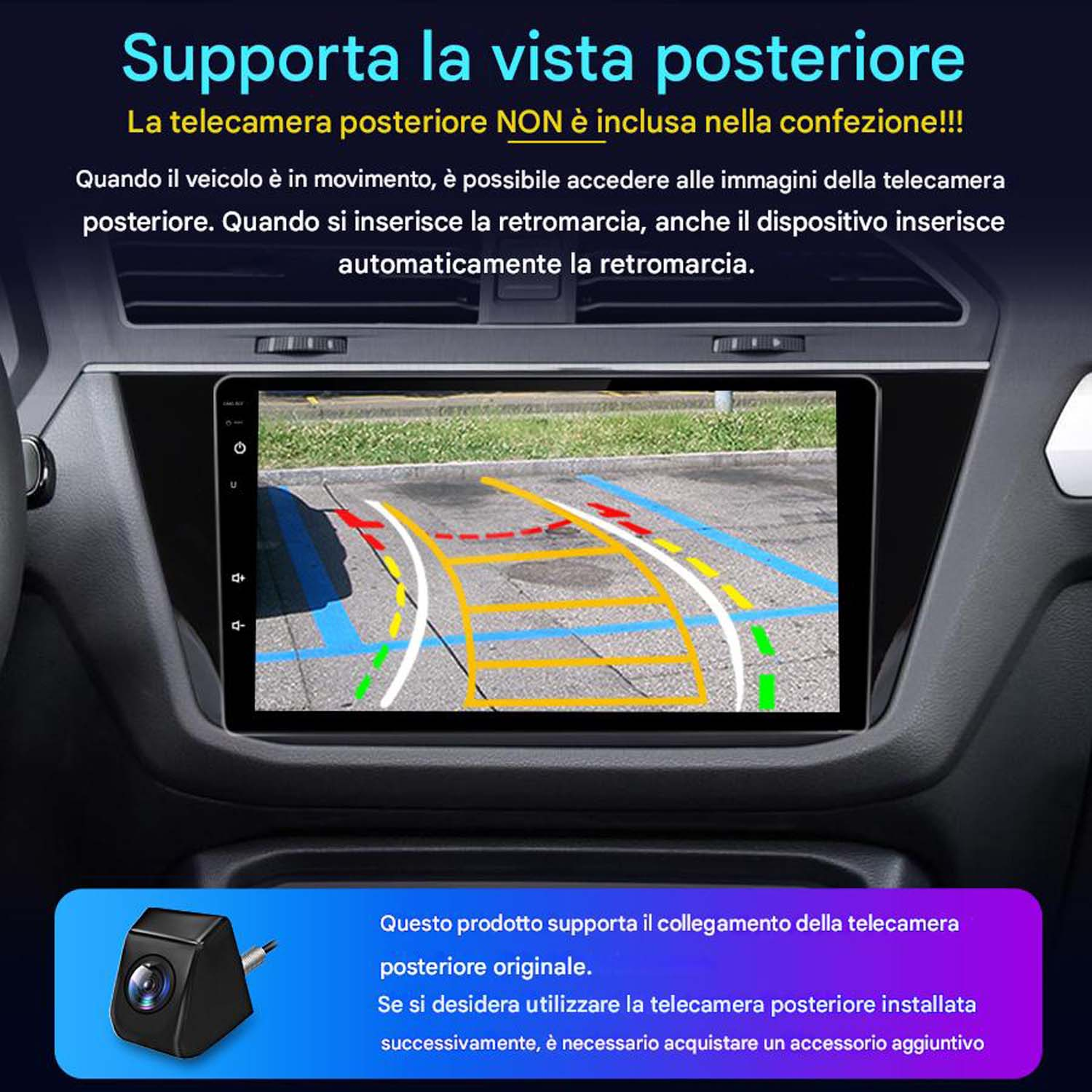 Cruscotto auto con schermo di navigazione, telecamera e telefono che mostra CarPlay e Android Auto.