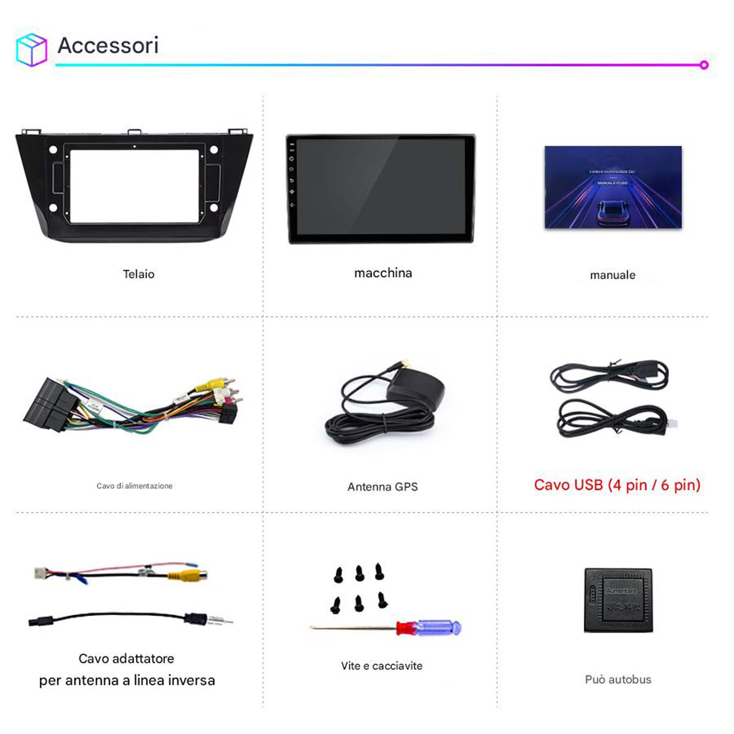 Accessori: telaio autoradio, schermo auto, manuale, cavo di alimentazione, antenna GPS, cavo USB, adattatore, viti.