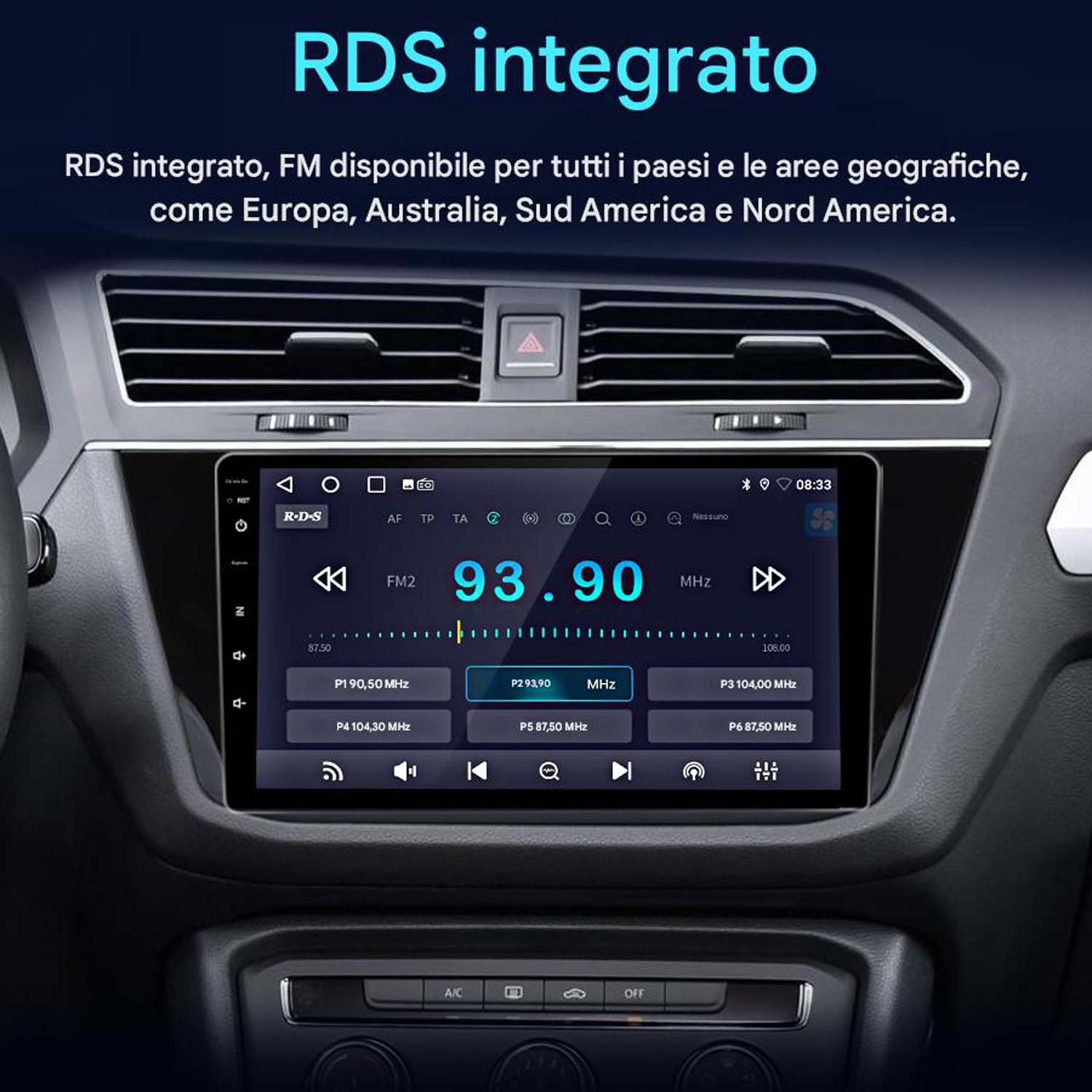 Schermo della radio dell'auto che mostra le informazioni RDS, tra cui frequenza, nome della stazione e copertura regionale.