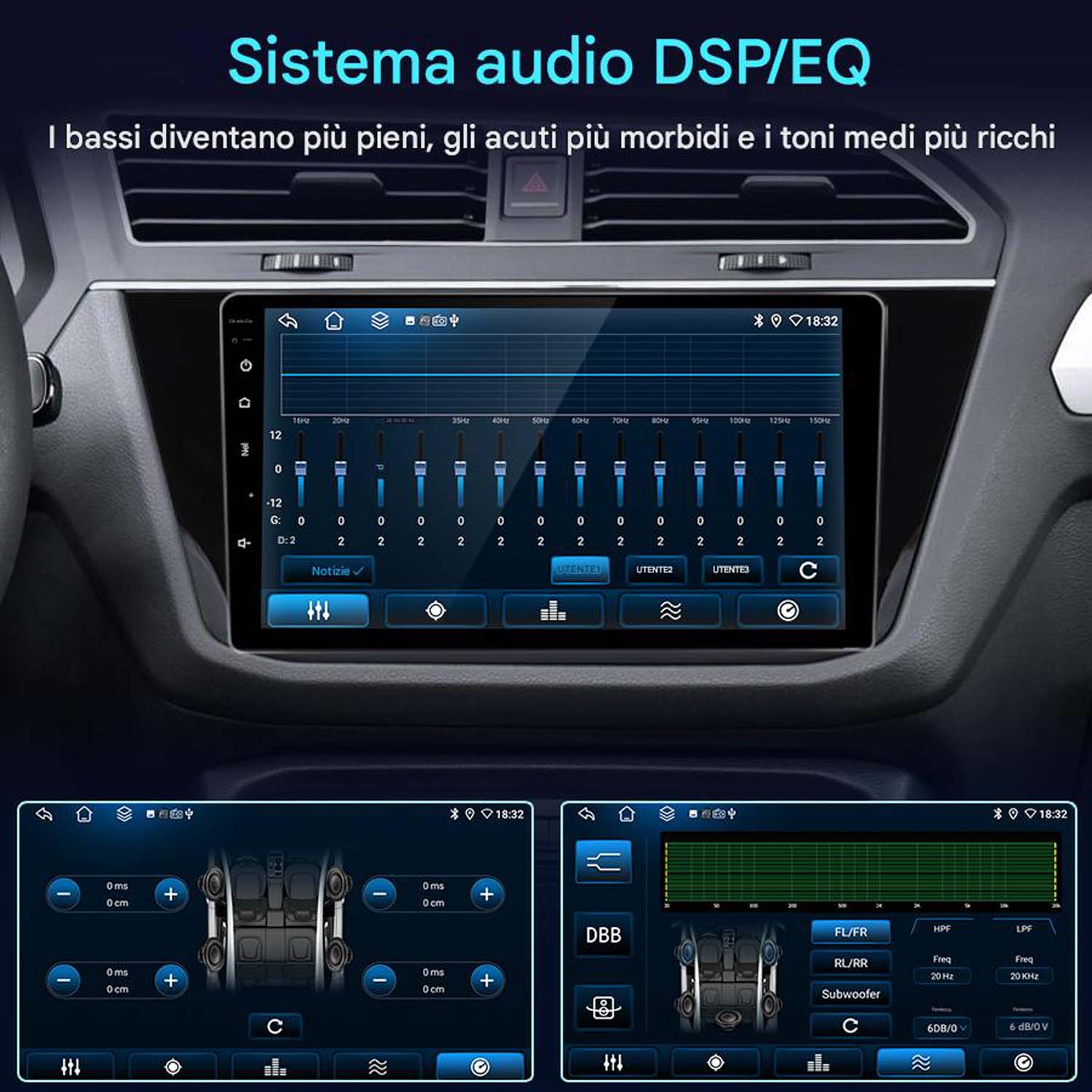 Schermo del sistema multimediale per auto che mostra le impostazioni dell'equalizzatore audio sul cruscotto. Lo schermo mostra diverse impostazioni.