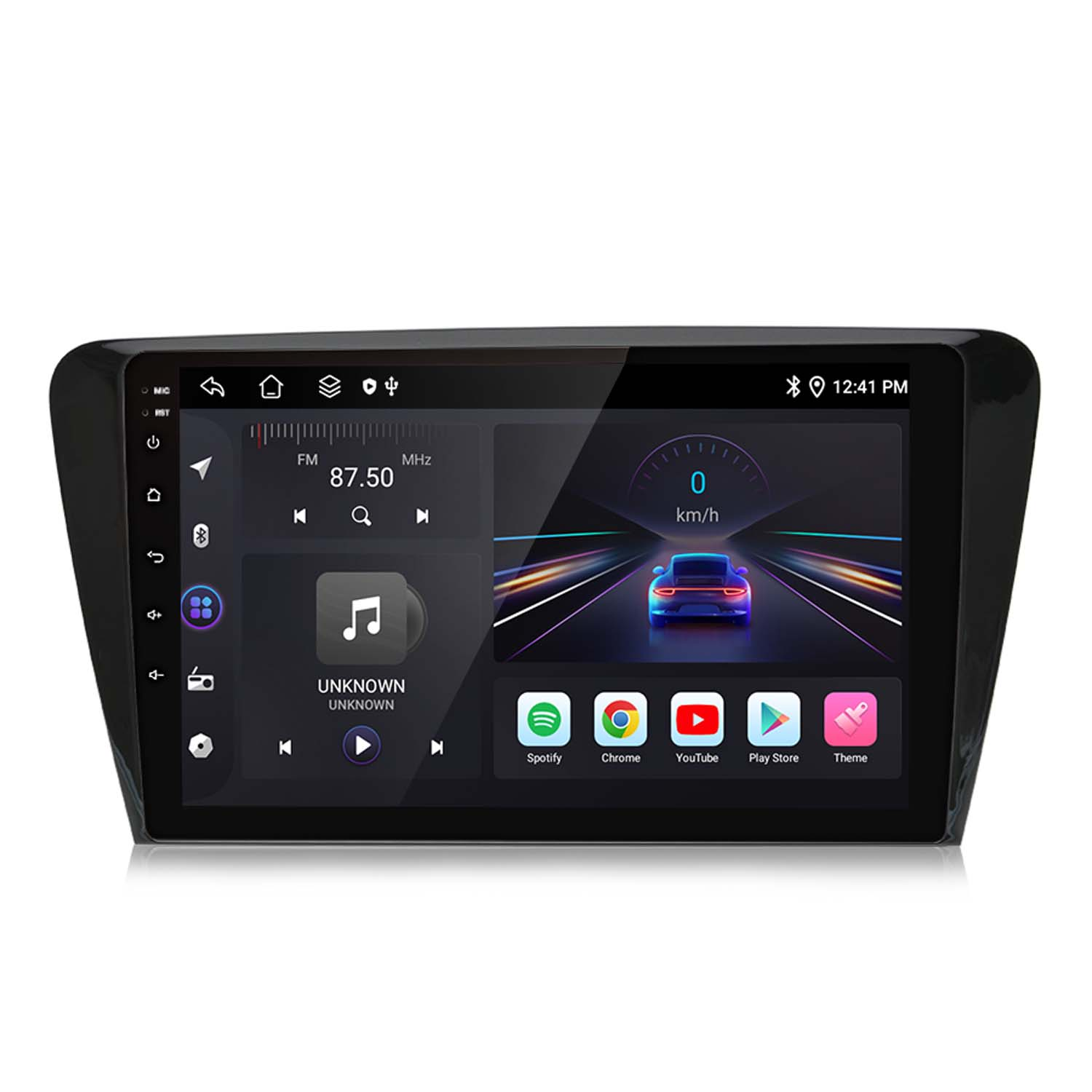 Schermo stereo auto con navigazione, controlli musicali e icone app; mostra velocità e FM.
