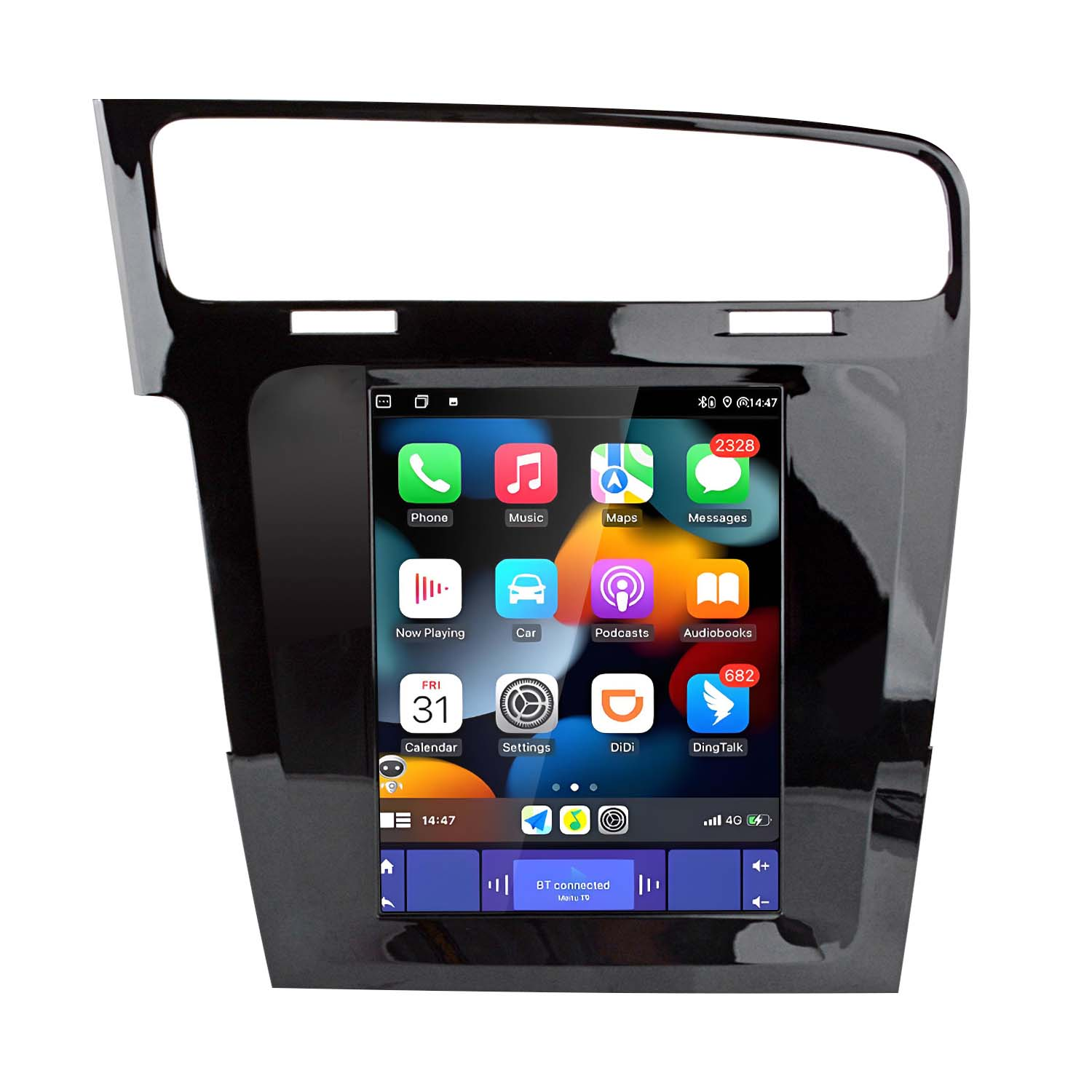 Schermo multimediale per auto con app, telefono, musica e icone delle impostazioni. Schermo nel cruscotto.