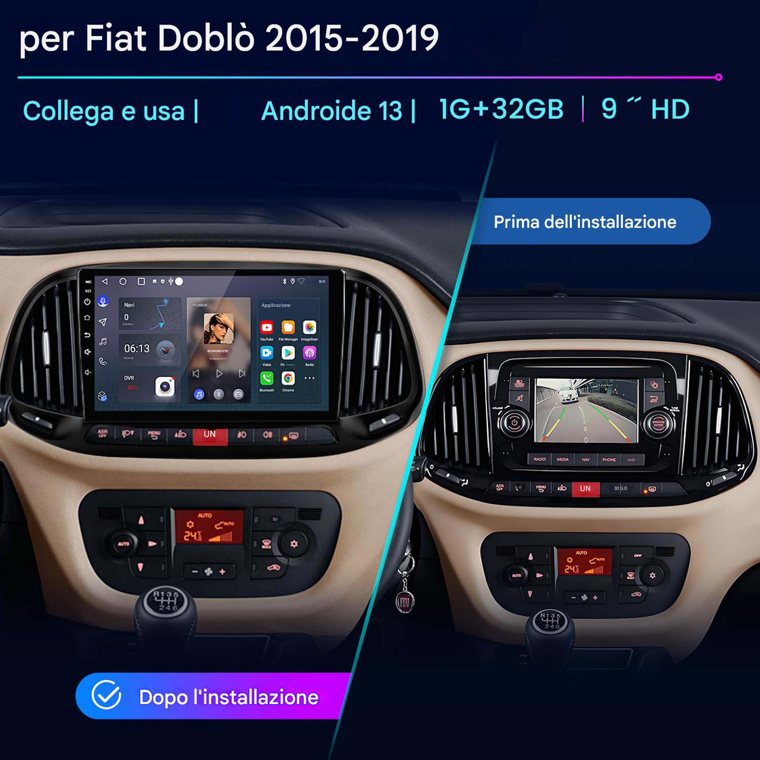 Schermo autoradio che mostra prima e dopo l'installazione. Dispone di touchscreen e varie funzioni.