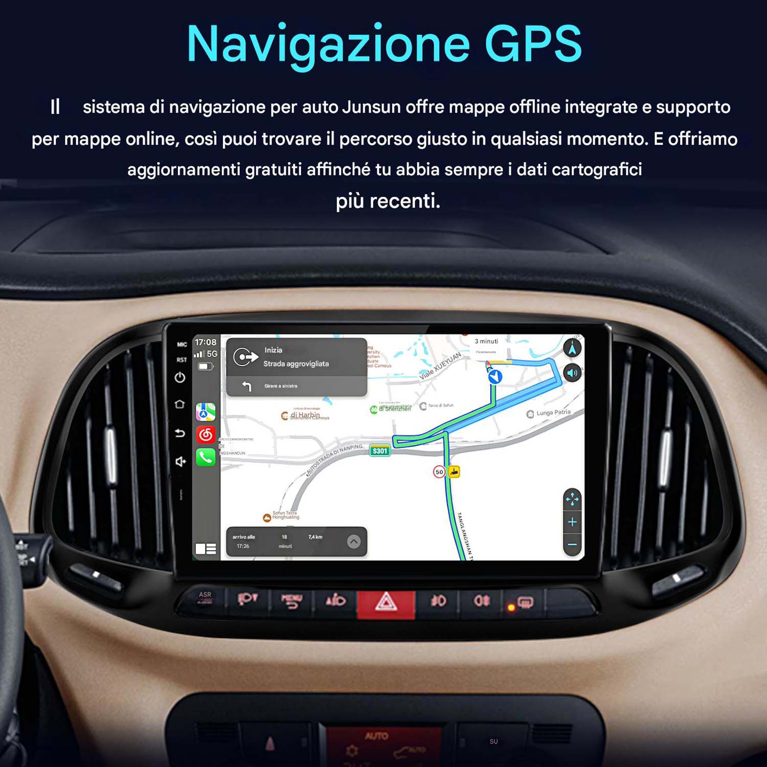 Cruscotto auto con schermo navigazione GPS che mostra una mappa. Pulsanti e comandi visibili.