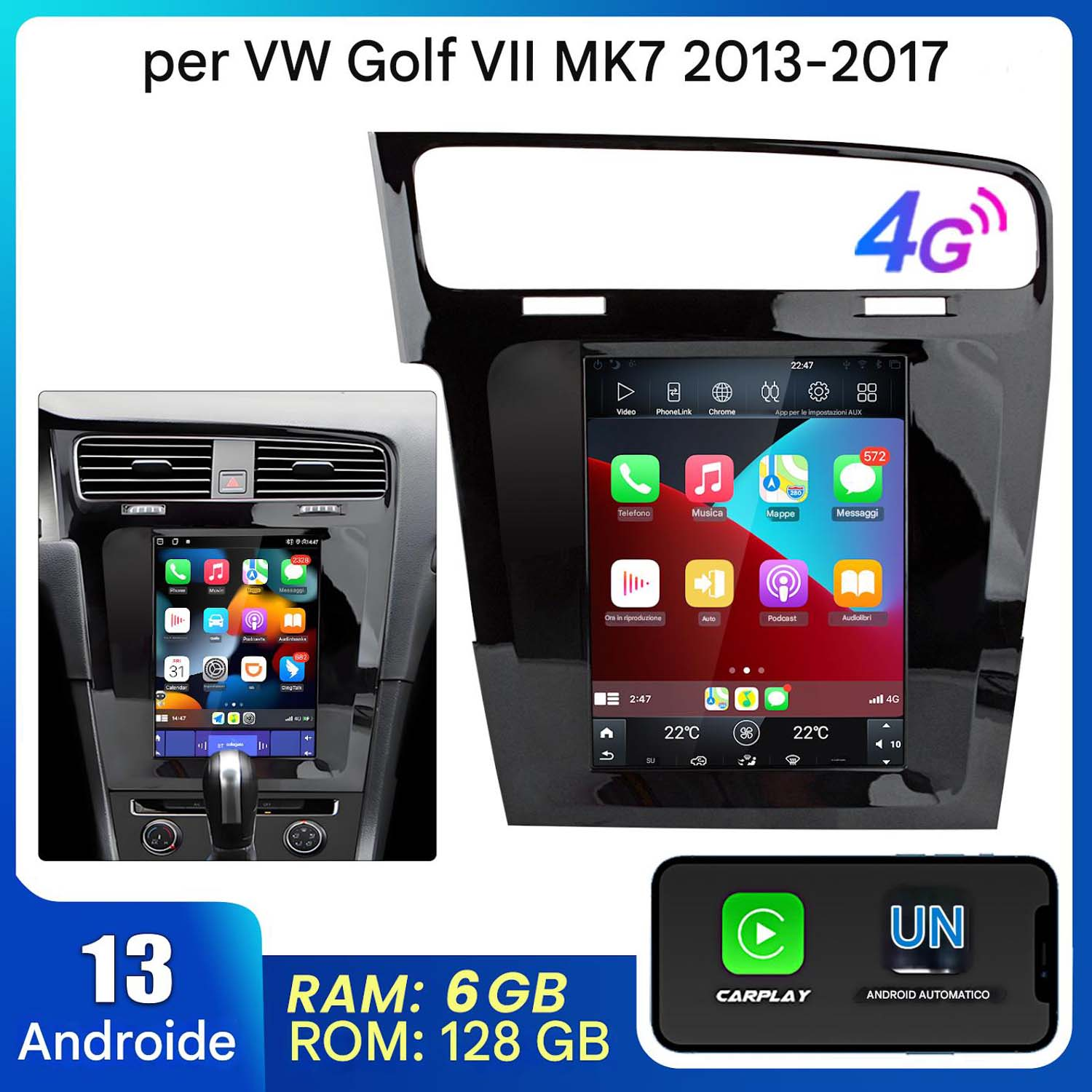Sistema multimediale per auto VW Golf. Schermo grande, Android OS e compatibilità CarPlay/Android Auto. Dettagli RAM e ROM inclusi.