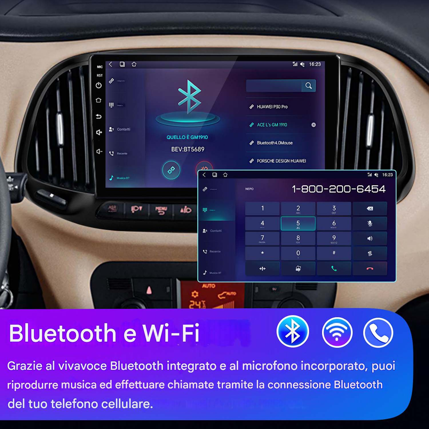 Autoradio che mostra connettività Bluetooth e WiFi. Due telefoni sullo schermo, uno con composizione del numero.