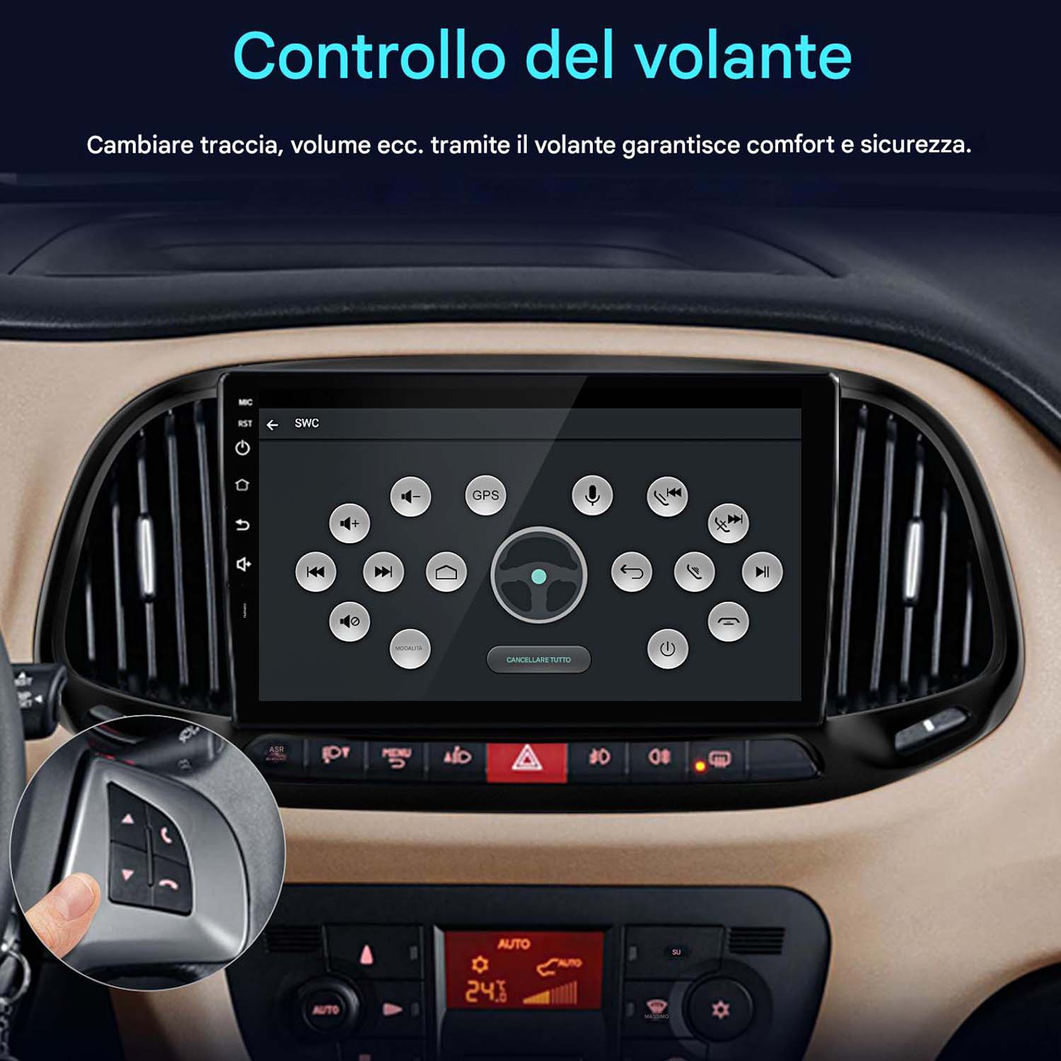 Cruscotto dell'auto con schermo radio che mostra i pulsanti di controllo, con un primo piano dei comandi al volante.