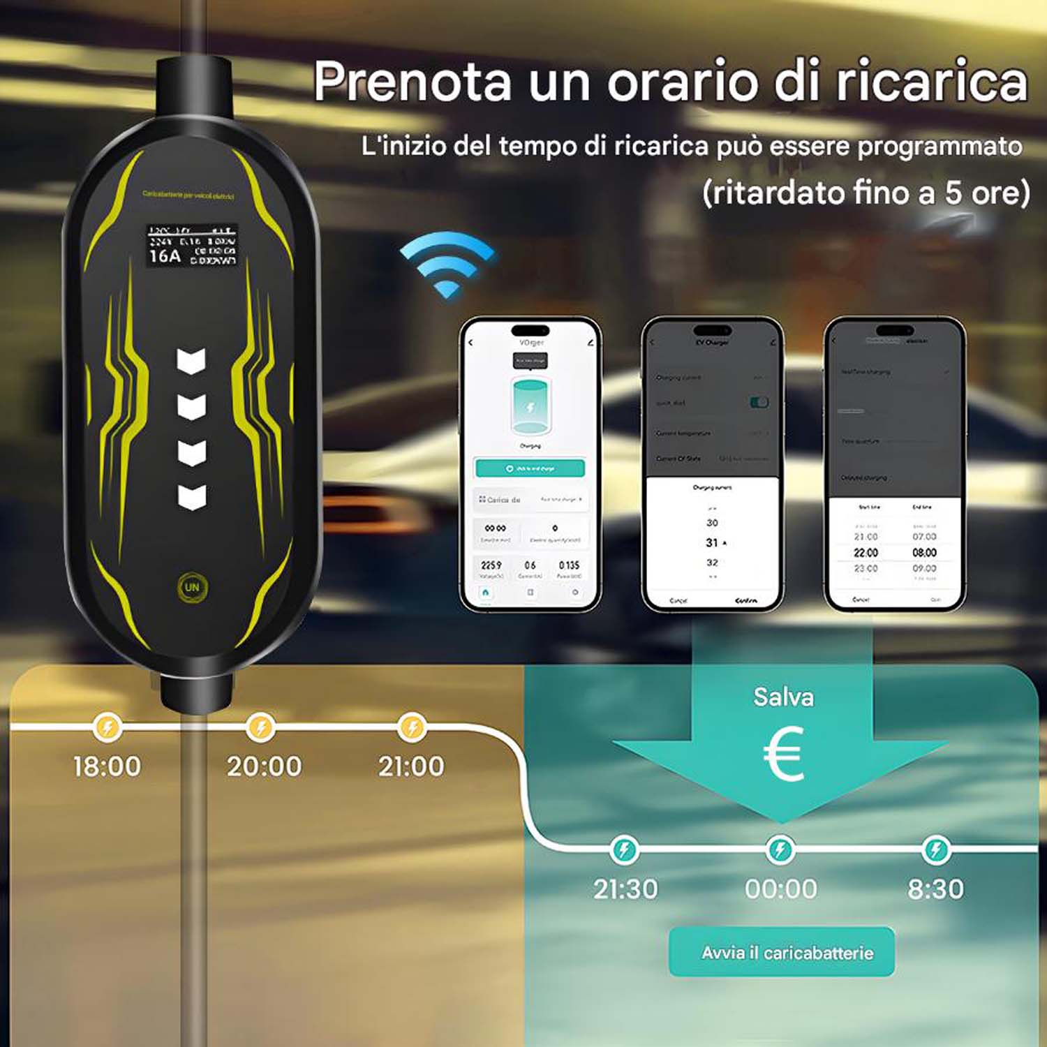 Una stazione di ricarica per veicoli elettrici con un display che mostra le impostazioni del tempo di ricarica e un'interfaccia dell'app per smartphone.