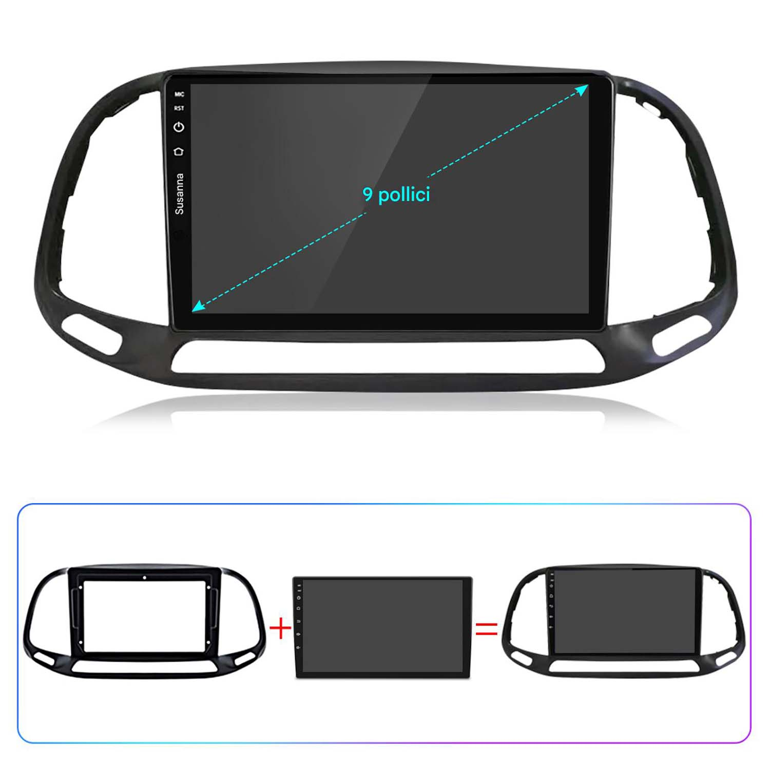 Un display per auto. 9 pollici. Lo schermo è all'interno di una cornice nera. La cornice nera è su una superficie bianca.