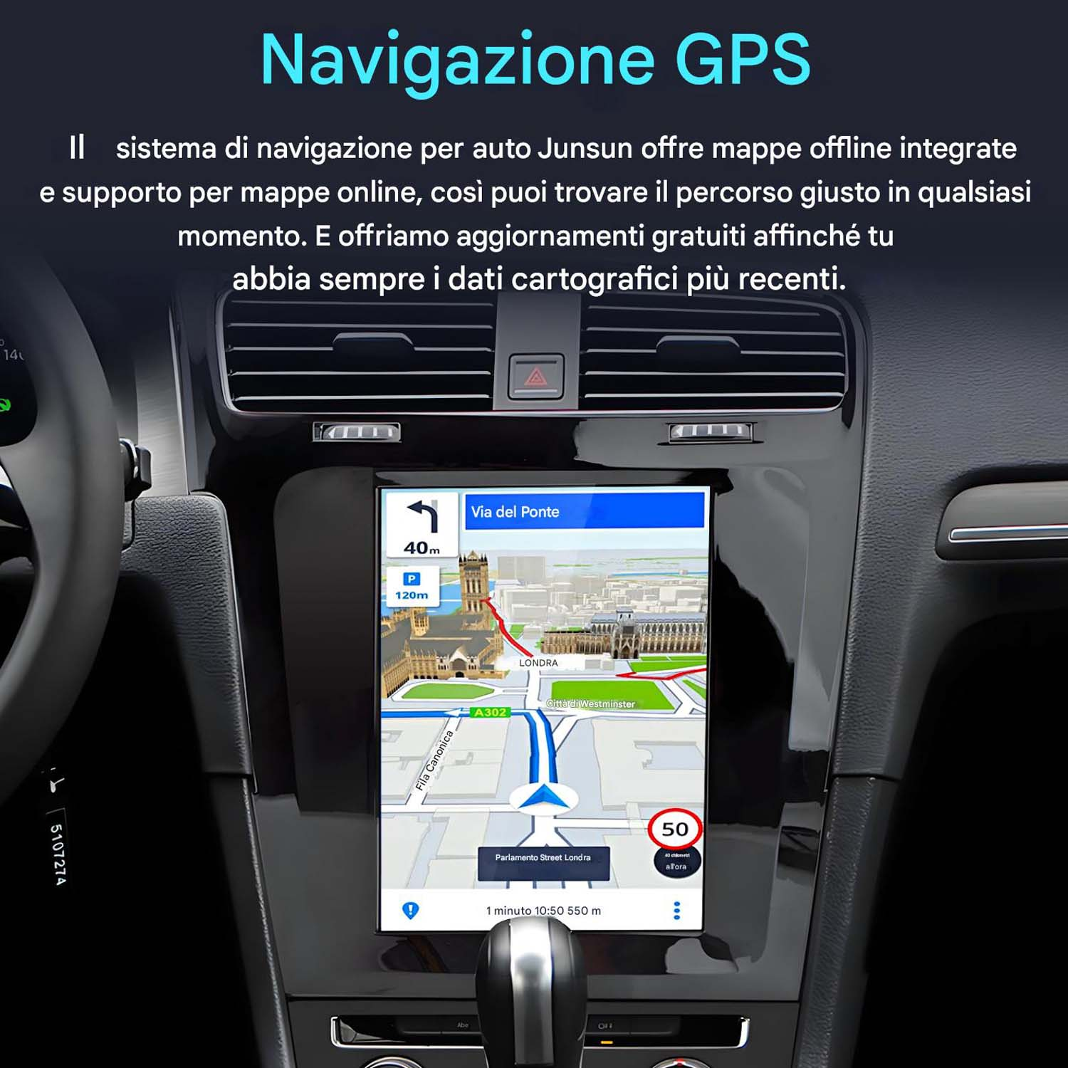 Display dell'auto con mappa GPS. L'interno dell'auto è visibile. Viene visualizzata una mappa stradale con un percorso.