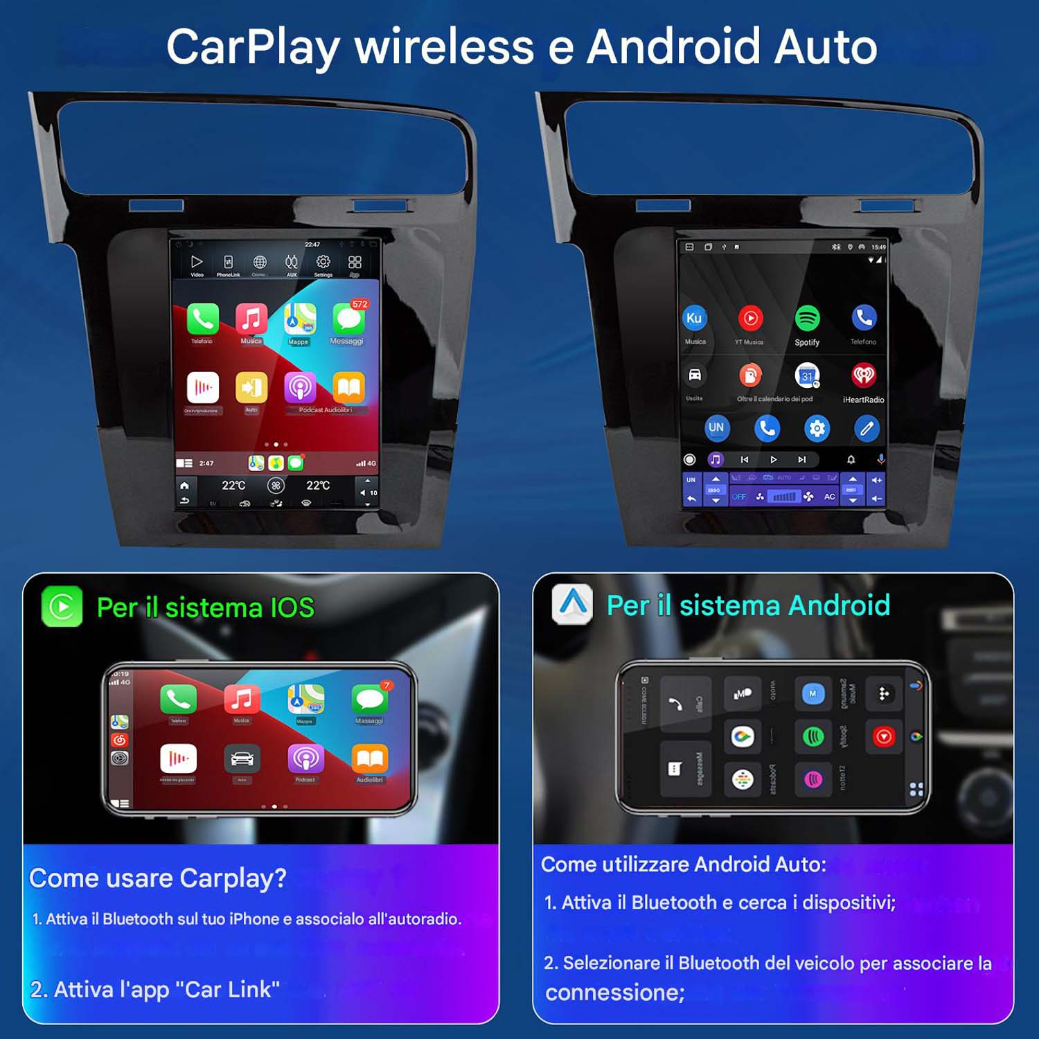 Due schermi per auto che mostrano le interfacce CarPlay e Android Auto. Le sezioni inferiori mostrano la configurazione iOS e Android.