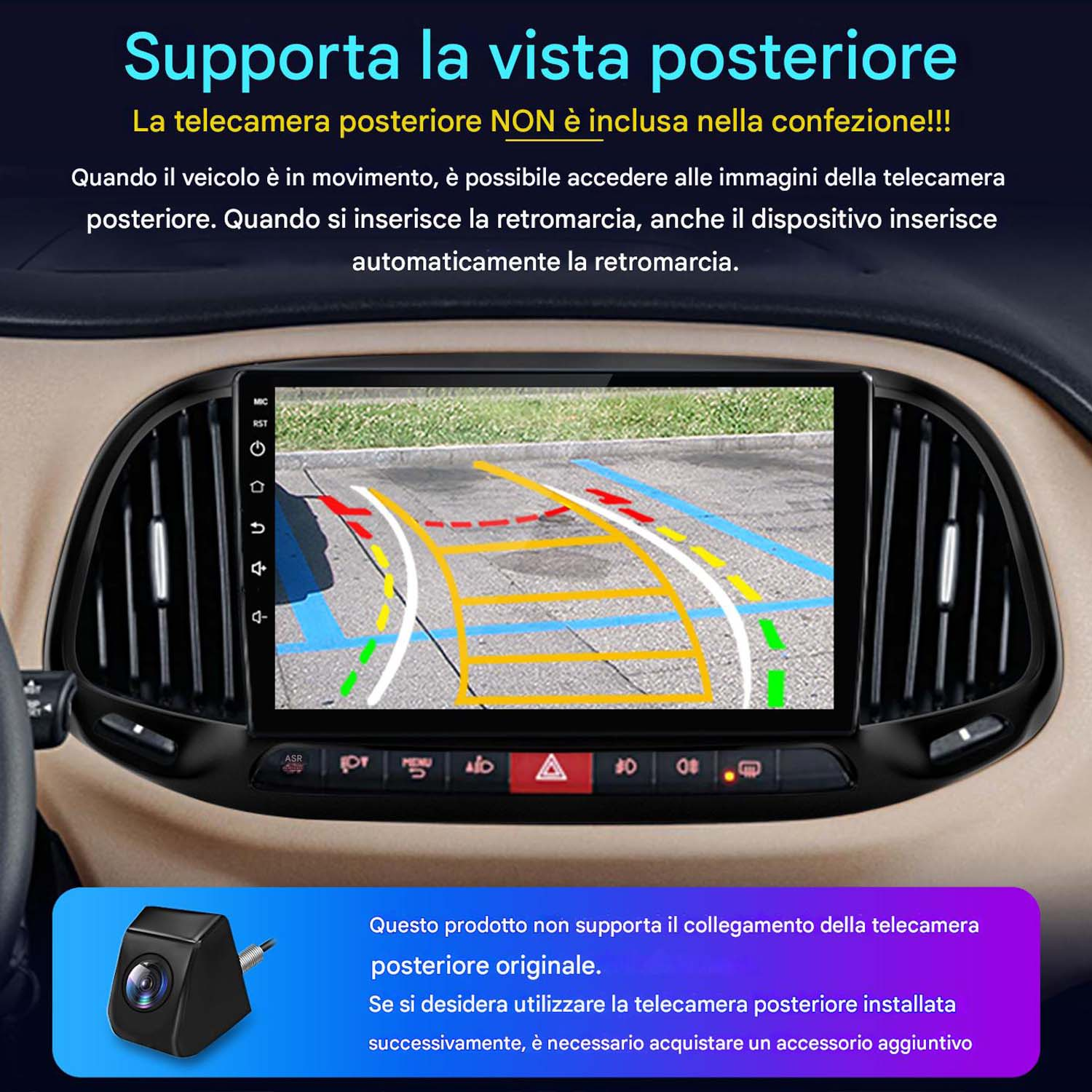 Cruscotto auto con schermo multimediale che mostra l'immagine della telecamera posteriore. Il testo indica che la telecamera non è inclusa.