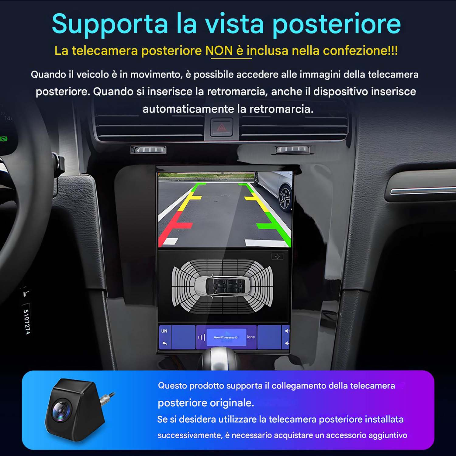 Cruscotto auto con schermo multimediale che mostra telecamera posteriore e sensori di parcheggio. Icona telecamera in basso.