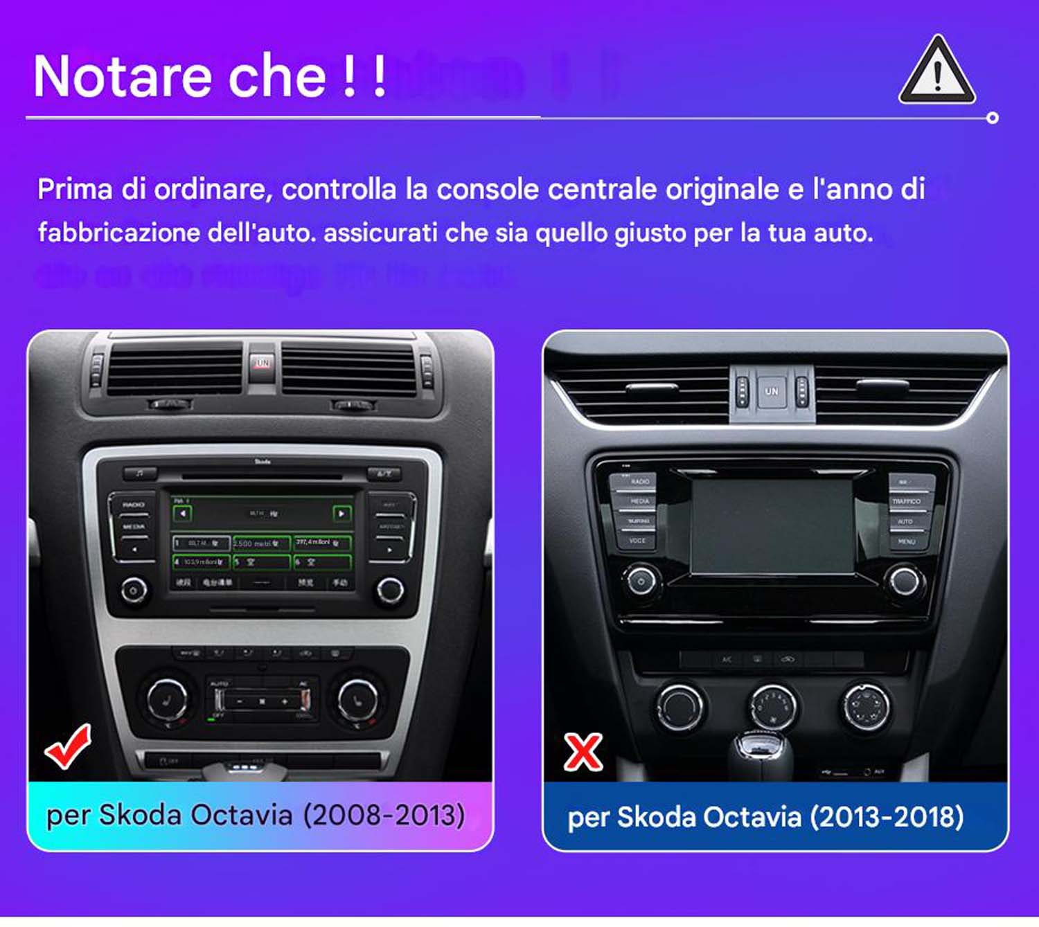 Confronto autoradio, mostra diversi design della console per i modelli Skoda Octavia dal 2008-2018.