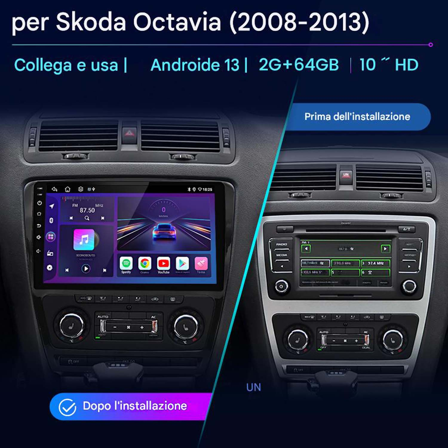 Cruscotto auto con stereo, prima e dopo l'installazione. Mostra il nuovo stereo installato.