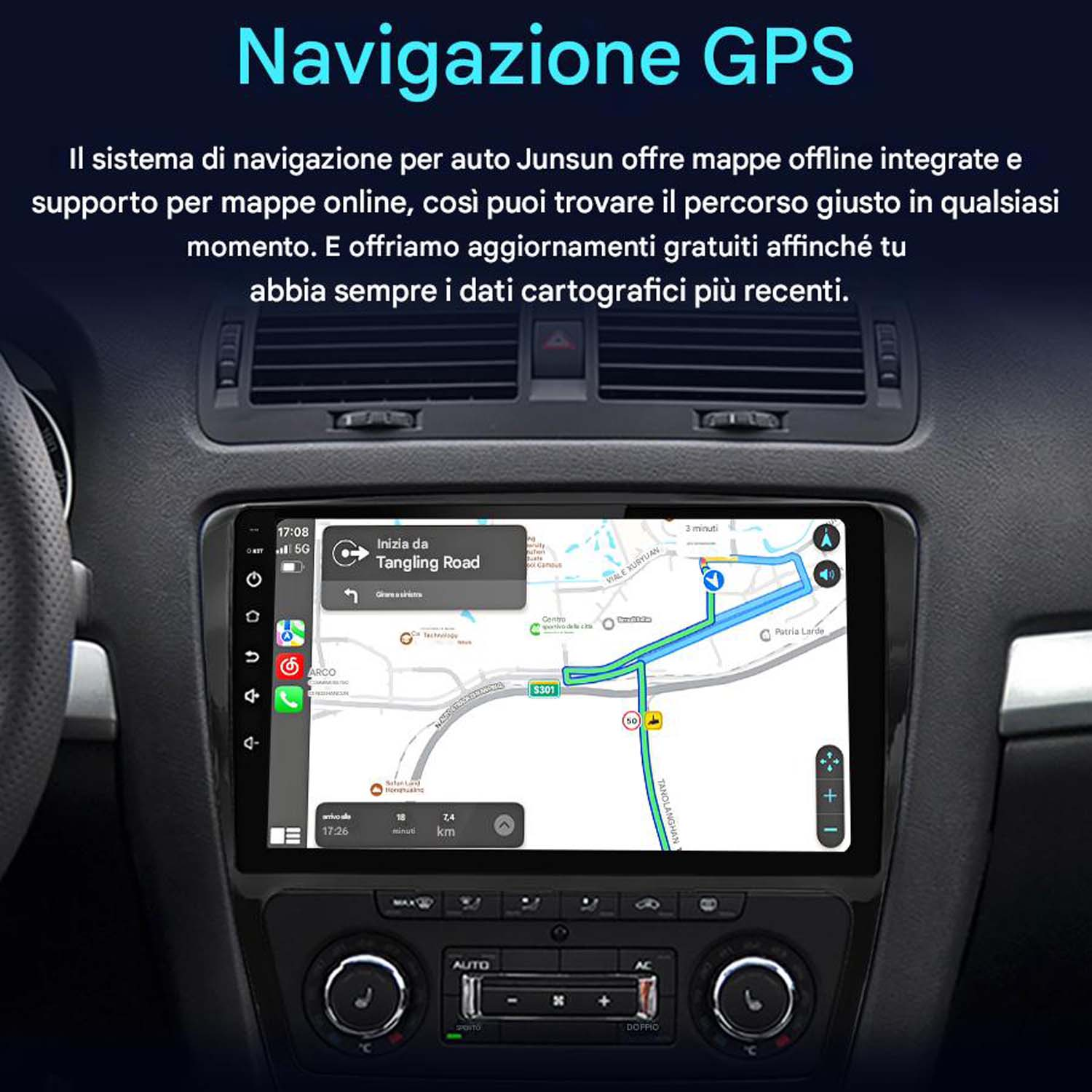 Display dell'auto con mappa GPS. L'interno dell'auto è visibile. Viene visualizzata una mappa stradale con un percorso.