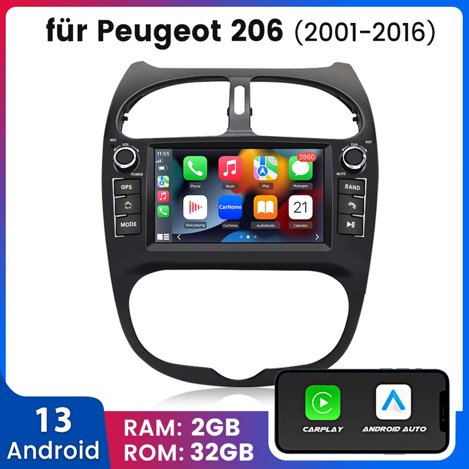 Schermo stereo auto con icone app e schermo telefono con icone Carplay e Android Auto.