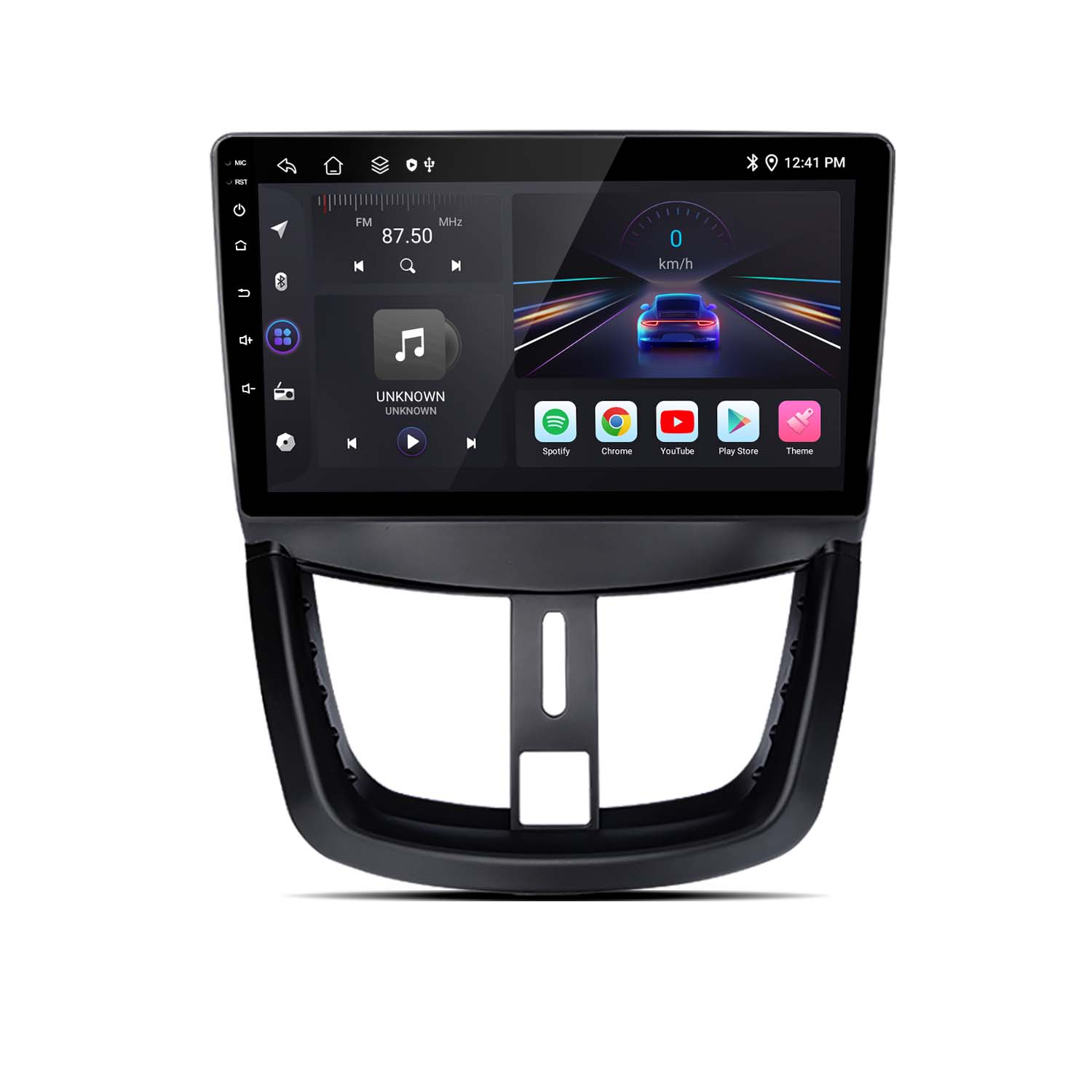 Schermo dell'autoradio che mostra l'interfaccia dell'app musicale con un tachimetro per auto e altre icone di app.