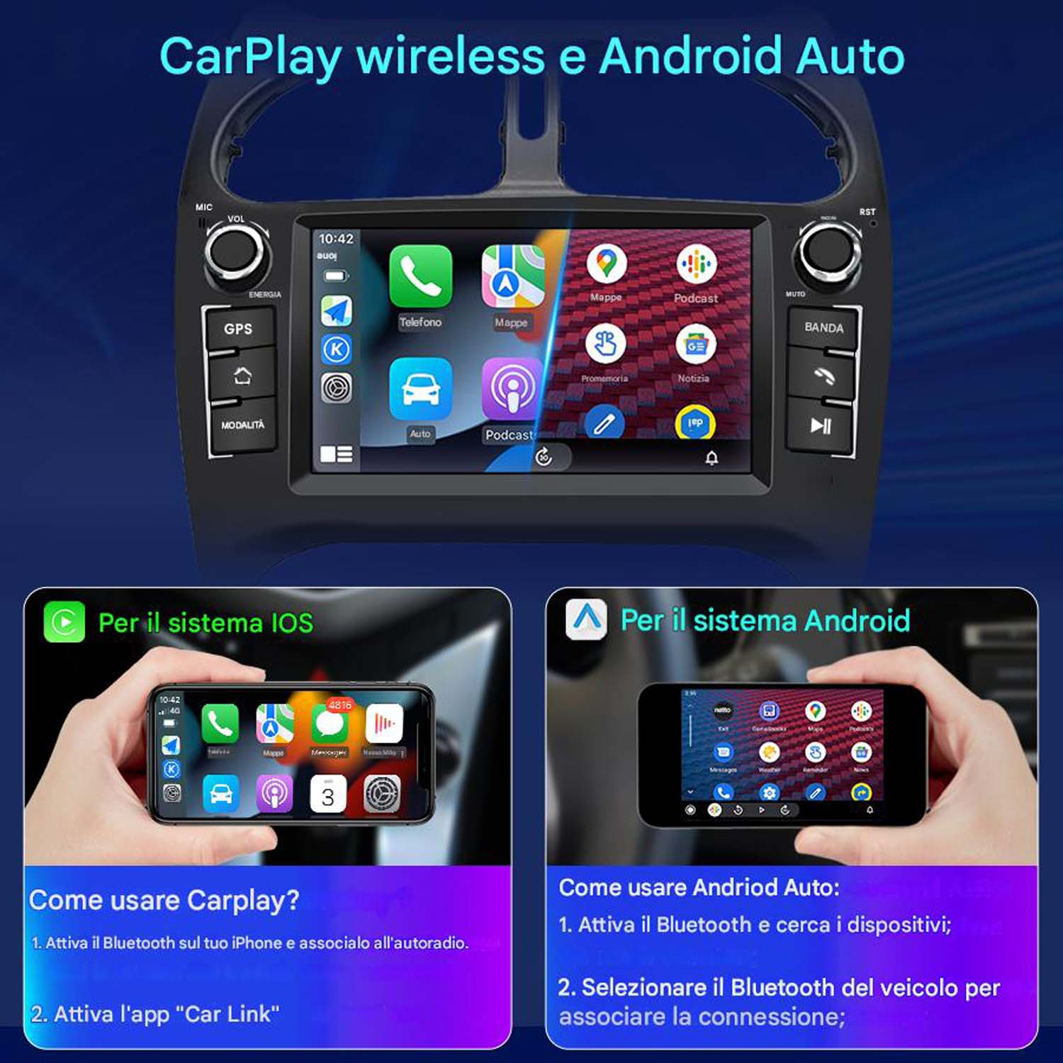 Display dell'auto che mostra le interfacce CarPlay e Android Auto. Vengono mostrati due telefoni con diversi display di app.