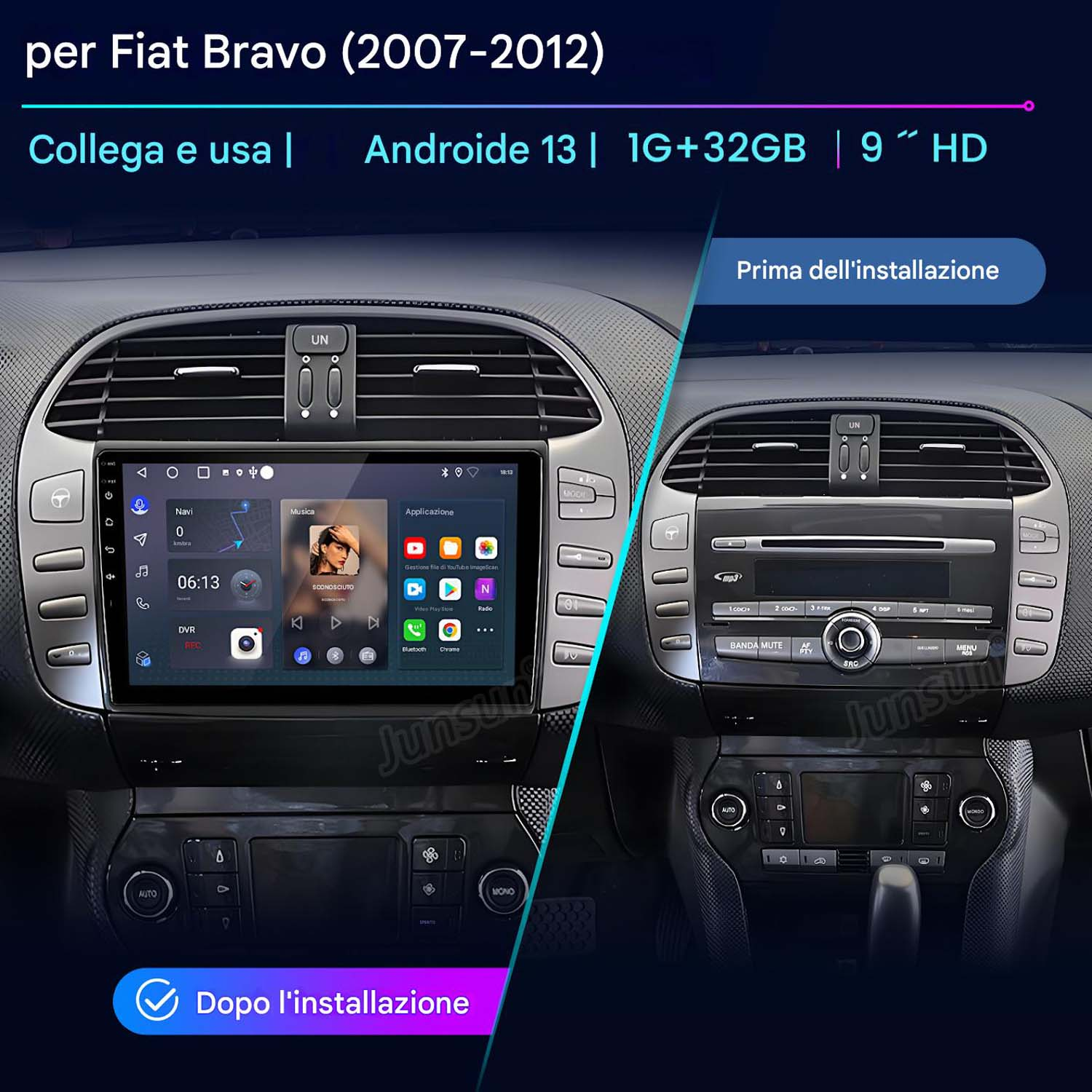 Schermo stereo auto, mostra prima e dopo l'installazione, icone musica e app.