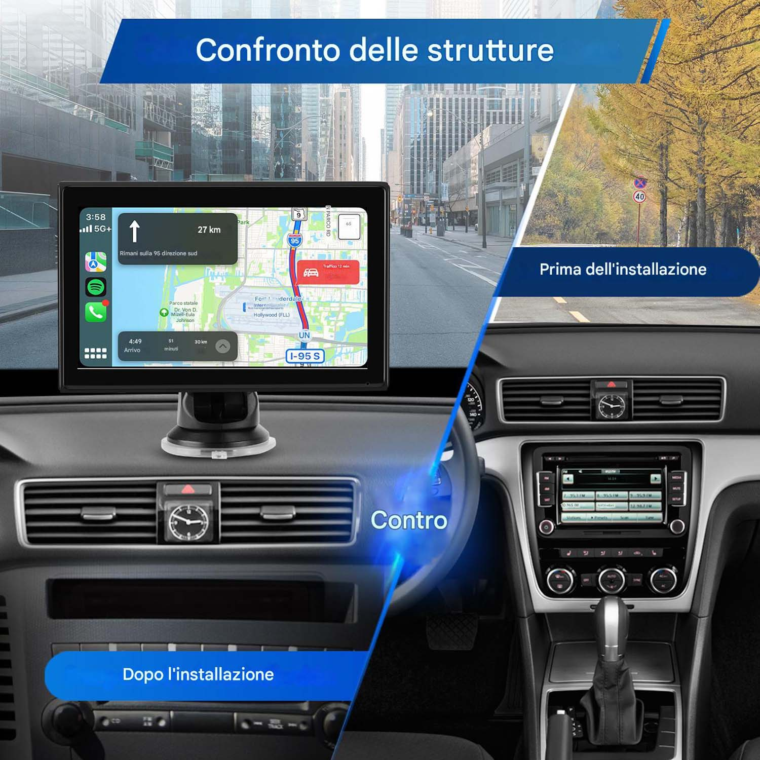 Cruscotto dell'auto con schermo di navigazione installato. Mostra lo schermo e un confronto con la configurazione originale dell'auto.