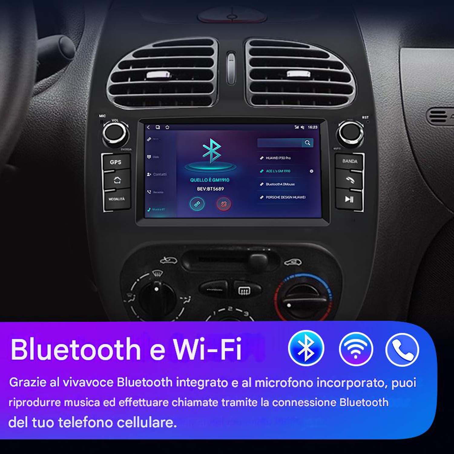 Schermo dell'autoradio che mostra un'interfaccia utente, con icone Bluetooth e Wi-Fi, con testo sottostante.