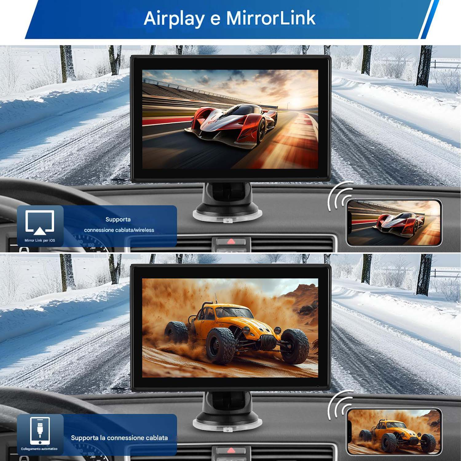Schermo auto che mostra due auto da corsa su pista. L'immagine mostra MirrorLink e connessione.