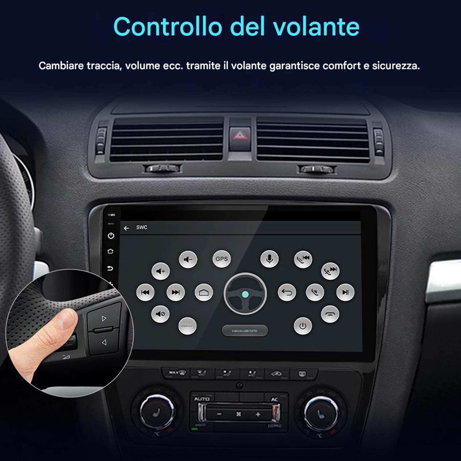 Schermo dell'autoradio che mostra un'icona del volante con i comandi e una mano che tocca il volante.