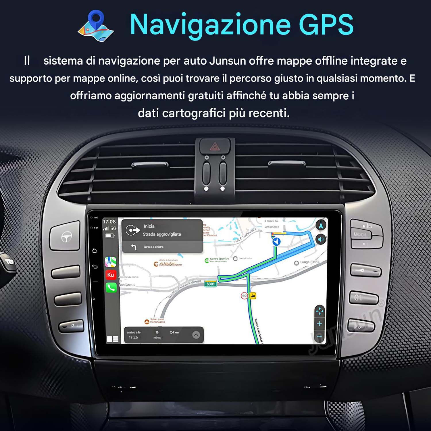 Cruscotto auto con schermo di navigazione GPS che mostra una mappa del percorso.