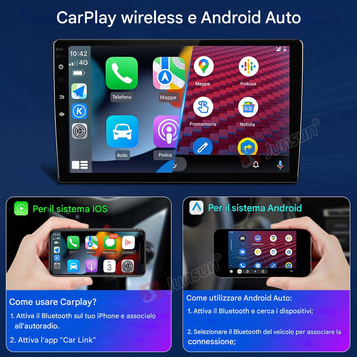 Uno schermo per auto che mostra CarPlay in alto e due piccoli schermi in basso che mostrano Apple Carplay e Android Auto.