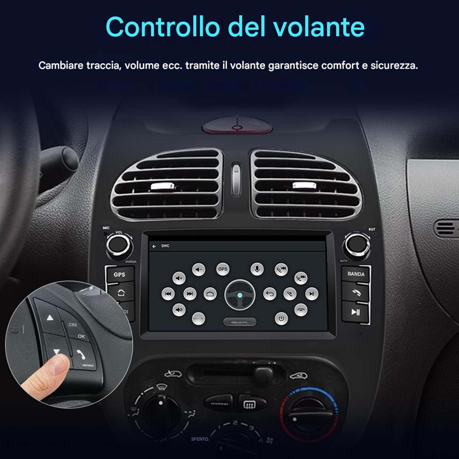 Cruscotto auto con schermo stereo. Una mano preme un pulsante sul volante.