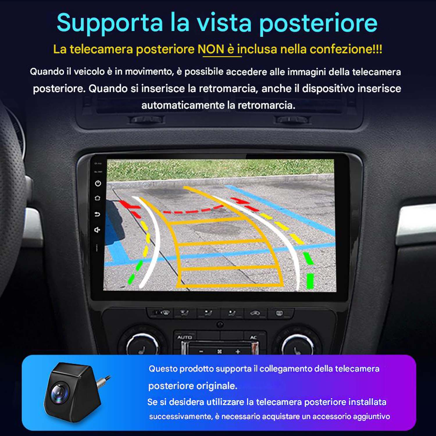 Uno schermo per auto mostra una vista posteriore con linee di parcheggio. Una piccola telecamera in basso a sinistra.
