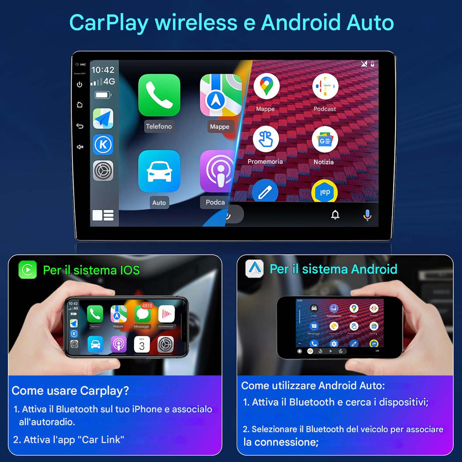 Display dell'auto che mostra le interfacce CarPlay e Android Auto. Vengono mostrati due telefoni con diversi display di app.