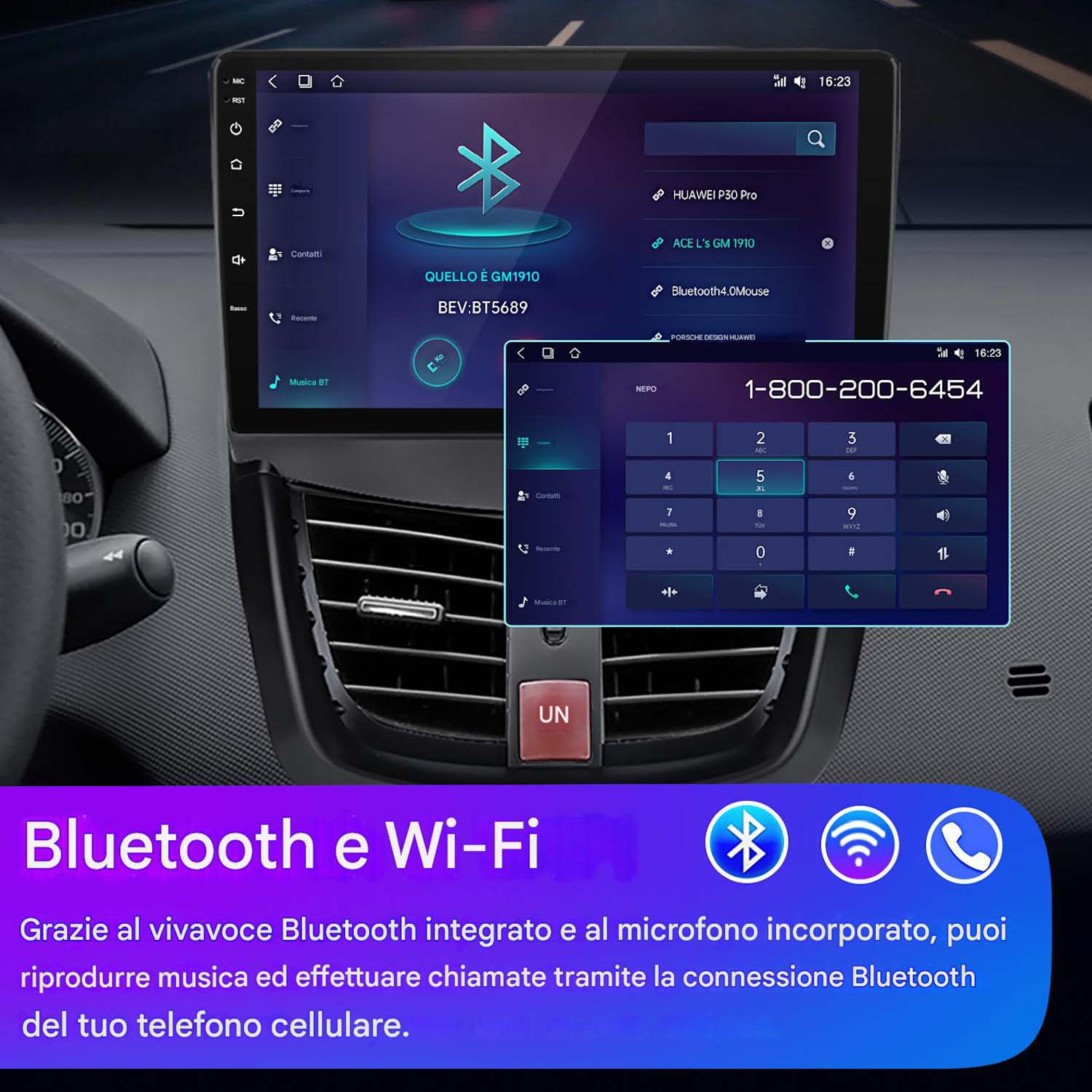 Schermo autoradio con funzioni Bluetooth e Wi-Fi, con tastierino numerico e opzioni di chiamata. Lo schermo mostra varie opzioni di connessione.