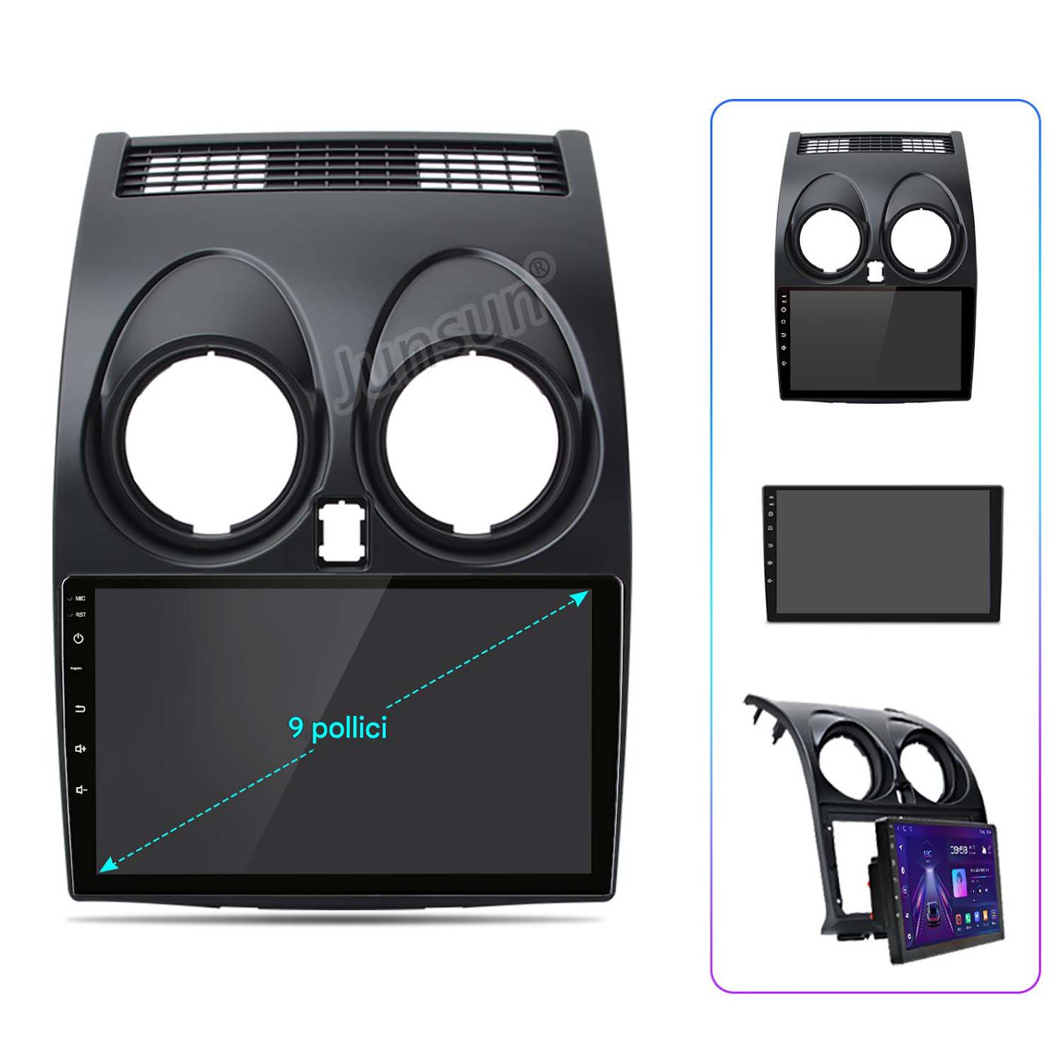 Autoradio per cruscotto con schermo di grandi dimensioni e più display di componenti per opzioni di montaggio. Nero.