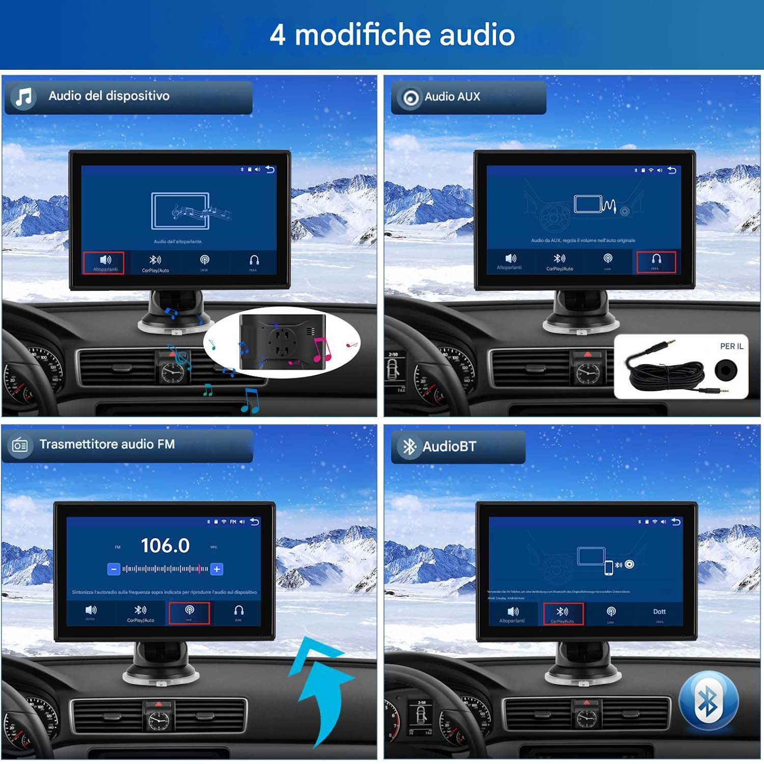 Quattro immagini che mostrano diverse opzioni audio: audio del dispositivo, audio aux, audio del trasmettitore FM e audio Bluetooth.