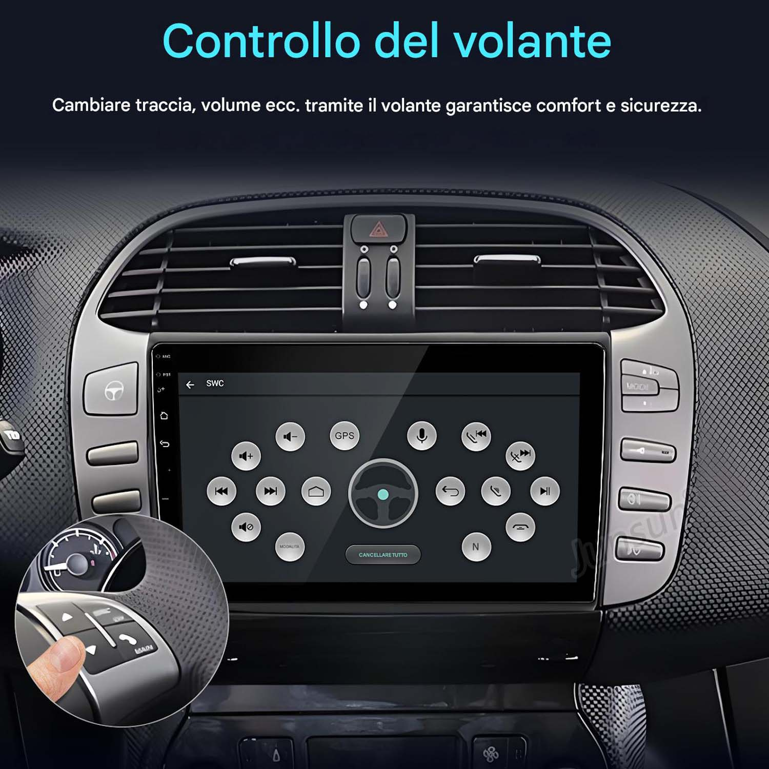 Schermo dell'auto con un'interfaccia di controllo del volante. Viene mostrata una mano che utilizza i controlli del volume.
