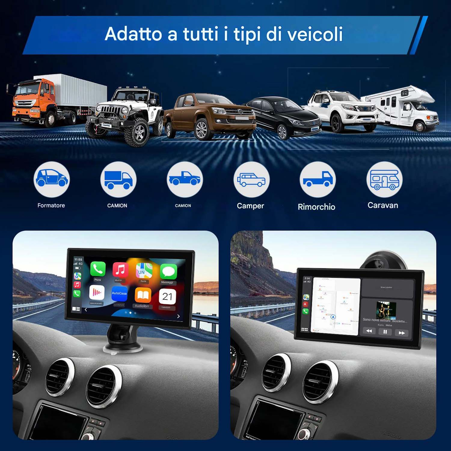 Immagine che mostra uno schermo per auto installato in diversi veicoli: camion, SUV, camper e roulotte. Schermo visibile.