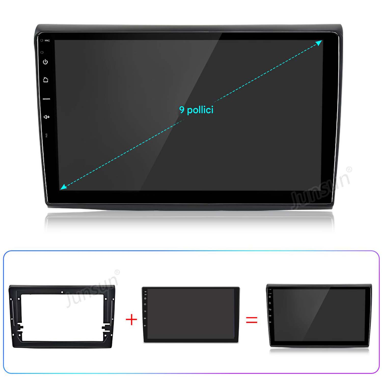 Uno schermo stereo per auto con display da 9 pollici. Mostra le opzioni di installazione.