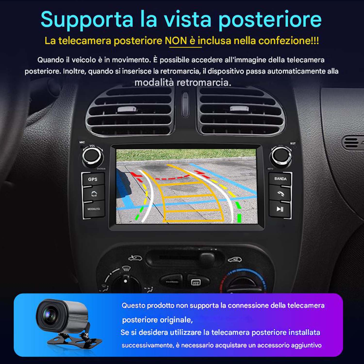 Cruscotto auto con schermo multimediale che mostra l'immagine della telecamera posteriore. Il testo indica che la telecamera non è inclusa.