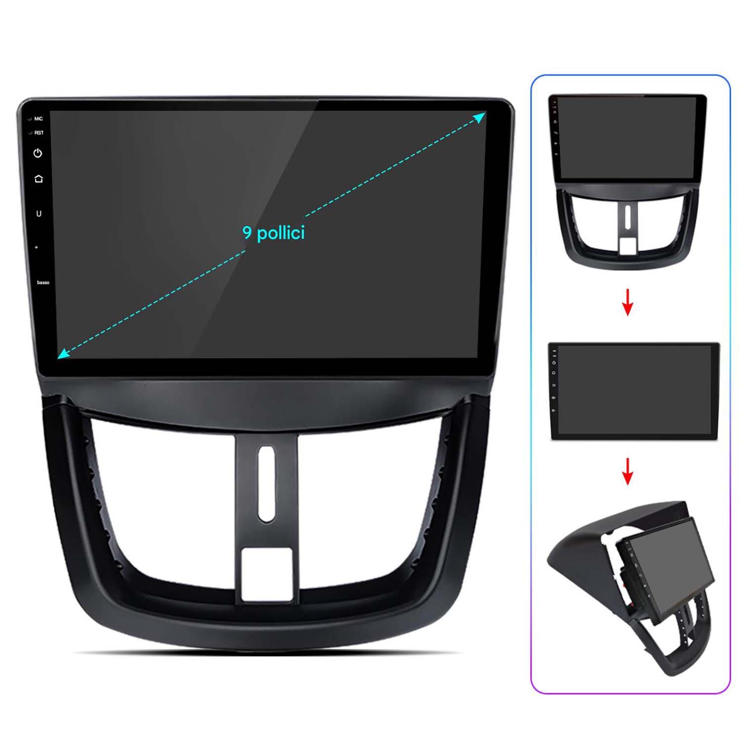 Un grande schermo nero per auto con un display da 9 pollici, con tre diverse installazioni.
