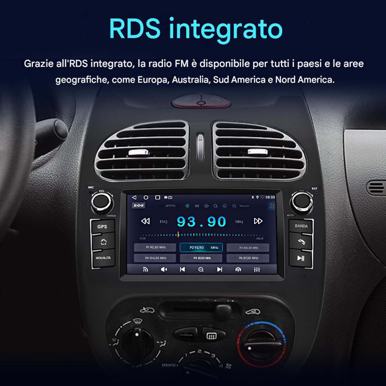 Schermo dell'autoradio che mostra le impostazioni radio RDS. Mostra la frequenza radio e varie opzioni di controllo.
