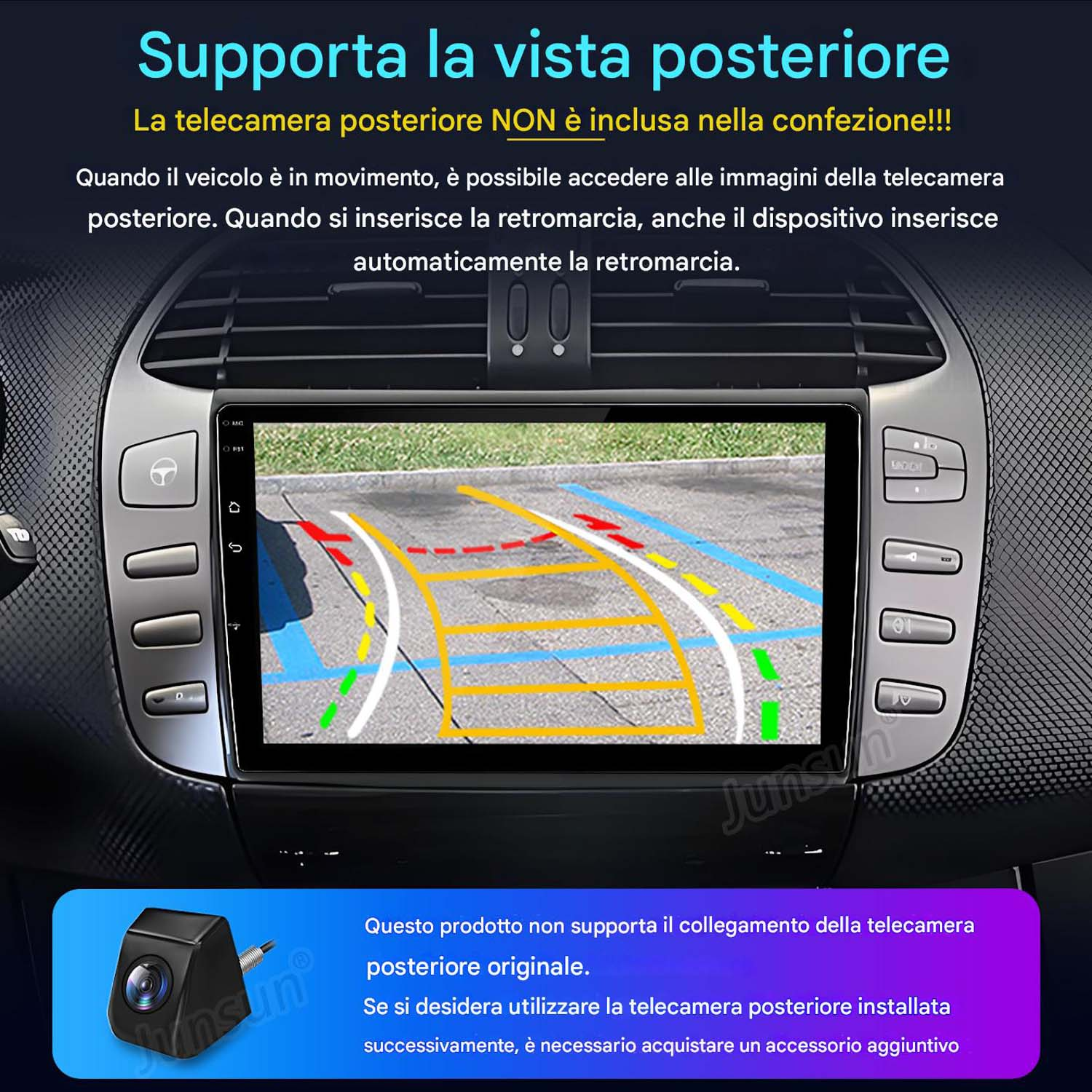 Cruscotto auto con schermo multimediale che mostra l'immagine della telecamera posteriore. Il testo indica che la telecamera non è inclusa.