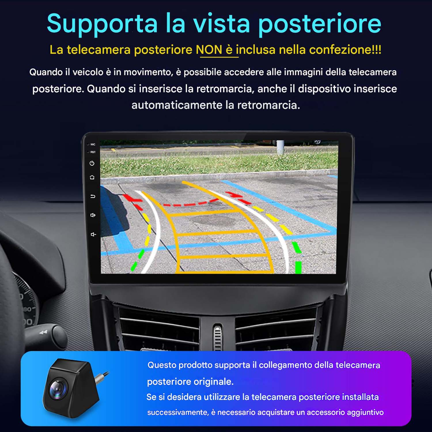 Cruscotto auto con schermo multimediale che mostra l'immagine della telecamera posteriore. Il testo indica che la telecamera non è inclusa.